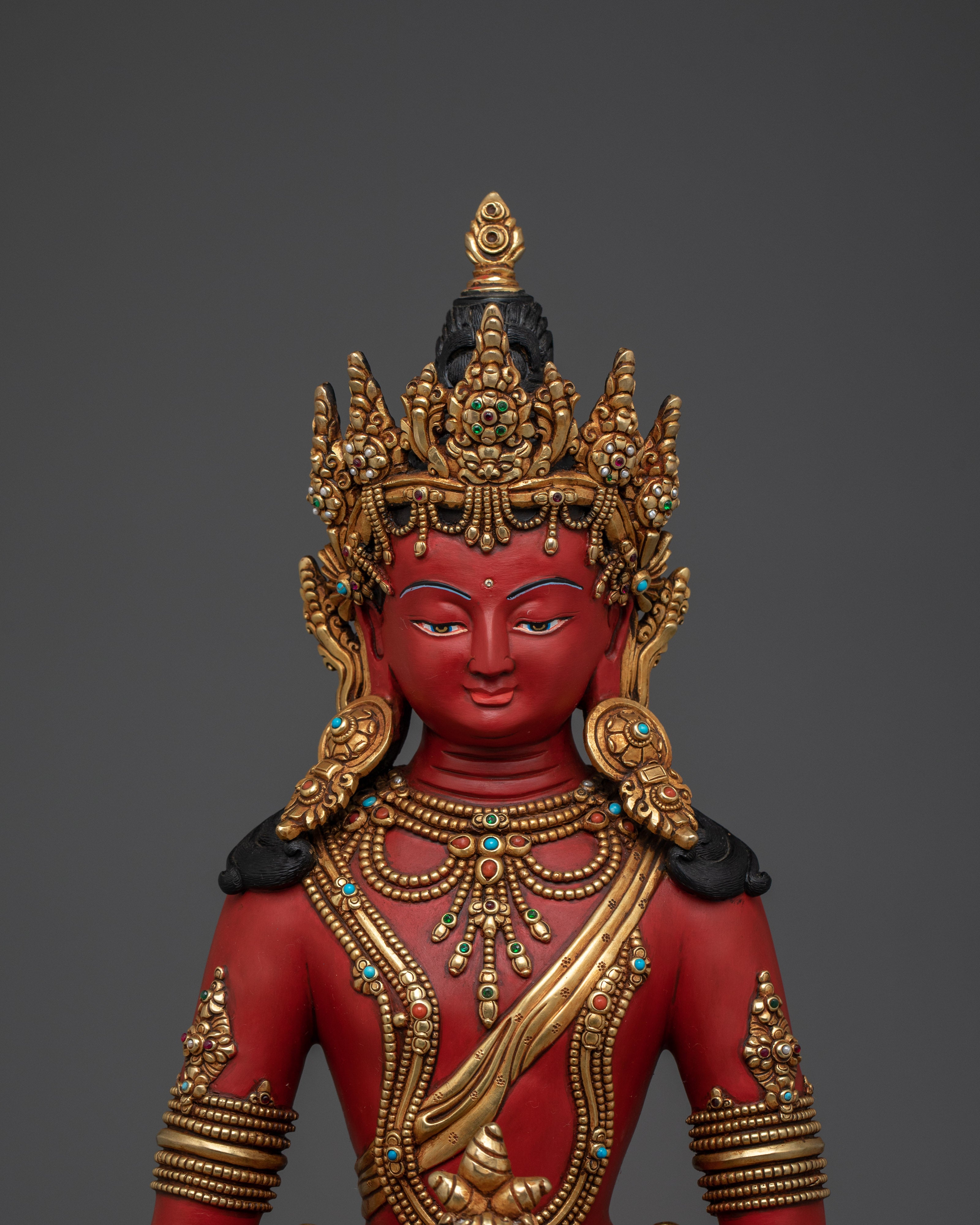 Red Amitayus Copper Statue | Elegant Sculpture for Altar, Meditation, and Healing