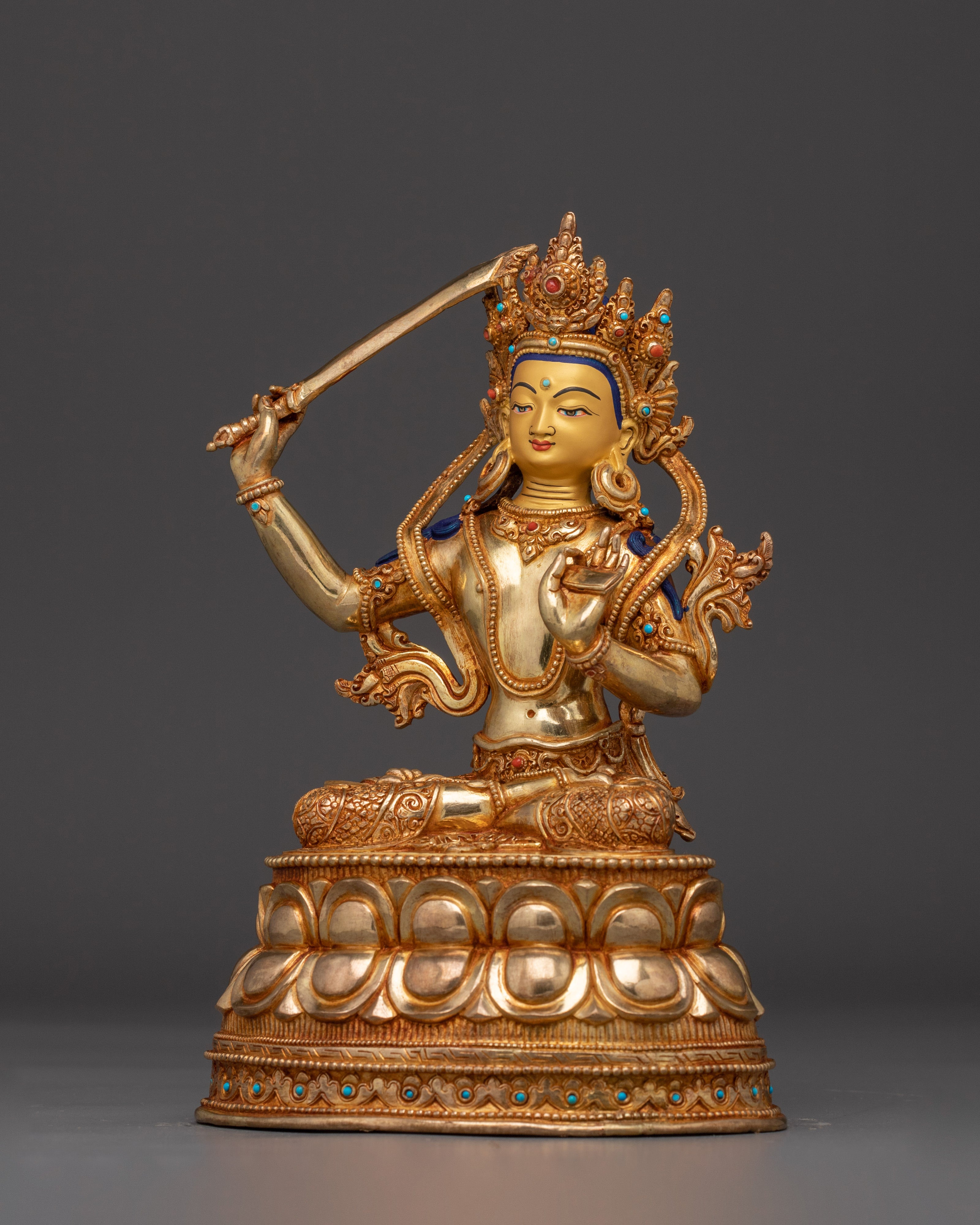Gold Gilded Copper Wisdom Manjushri Statue | Meditation and Shrine Decor