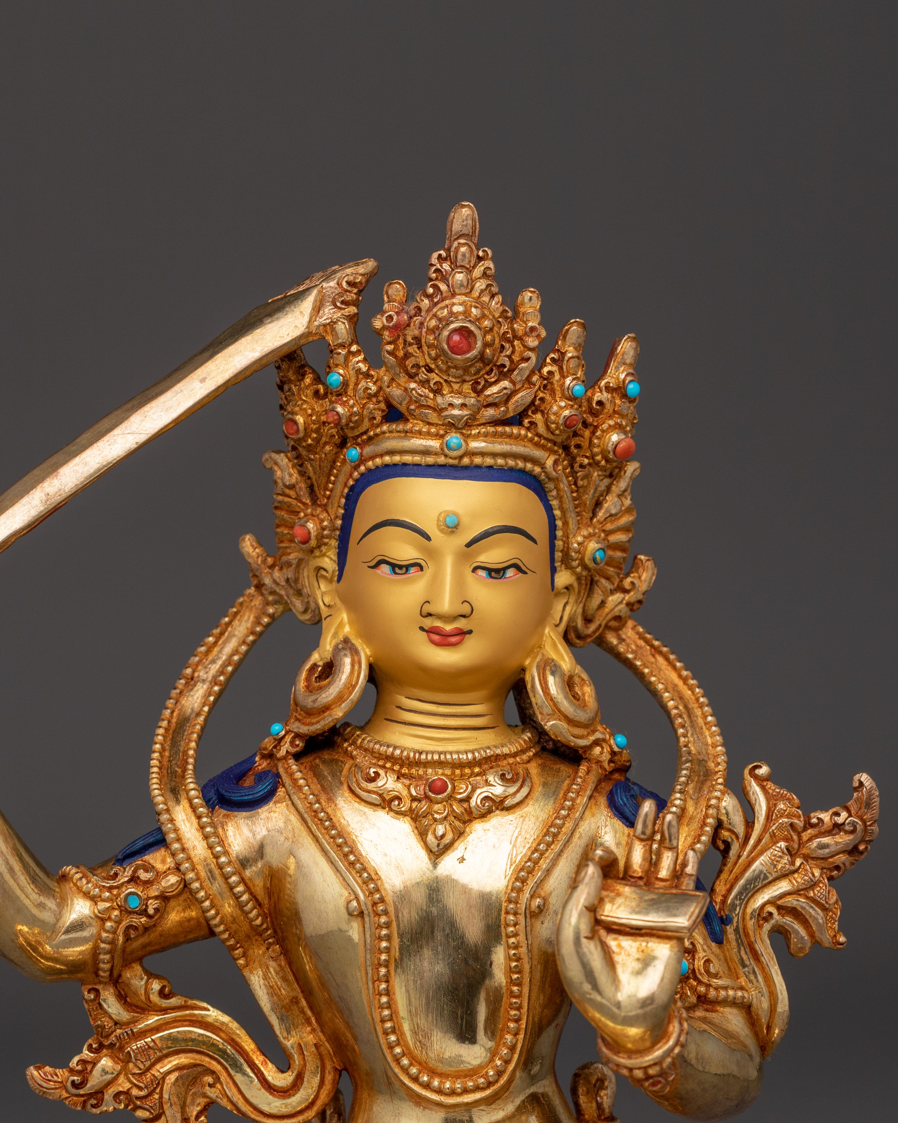 Gold Gilded Copper Wisdom Manjushri Statue | Meditation and Shrine Decor