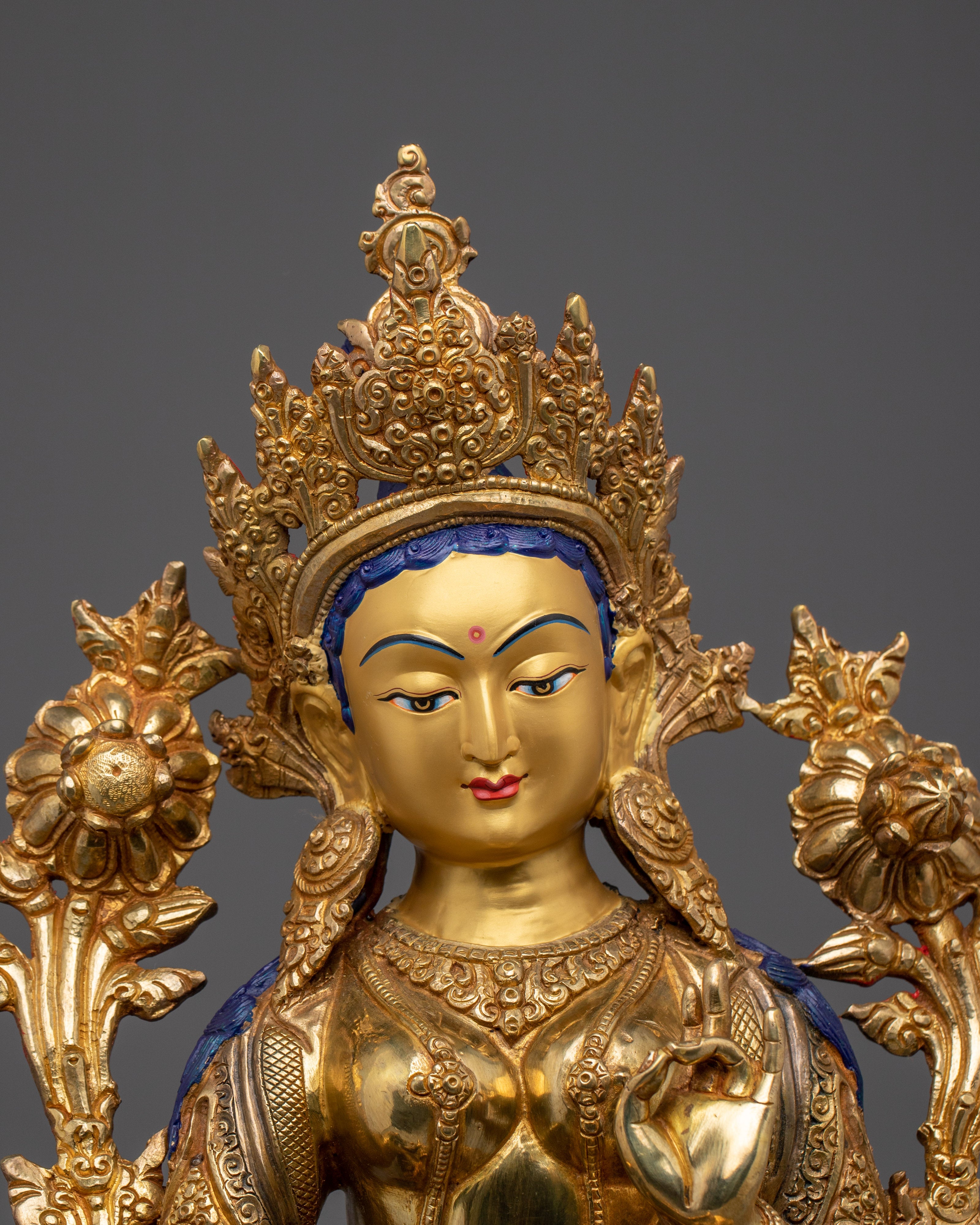 Green Tara statue with 24K Gold Gilding | Ideal for Meditation and Spiritual Practices