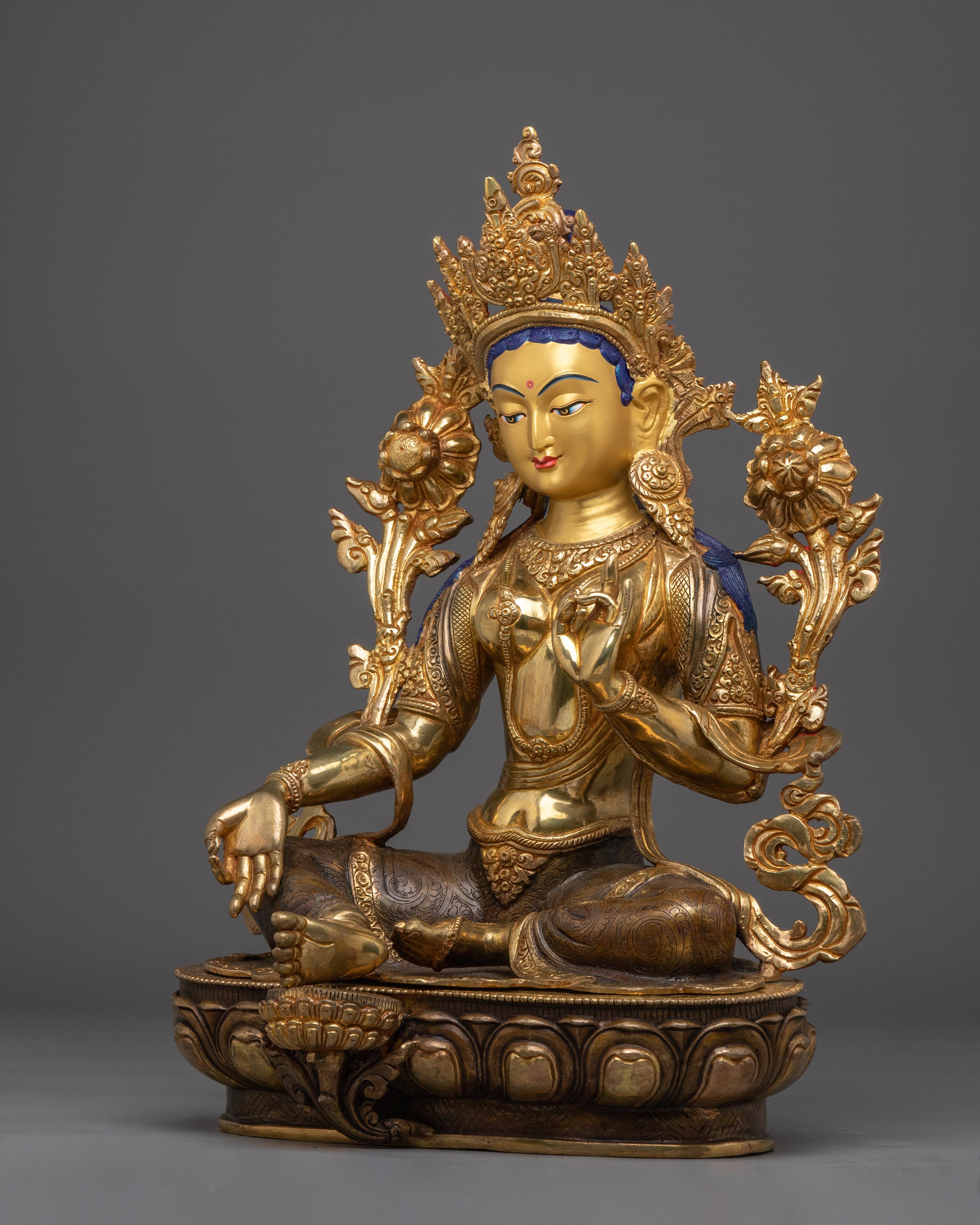 Green Tara statue with 24K Gold Gilding | Ideal for Meditation and Spiritual Practices