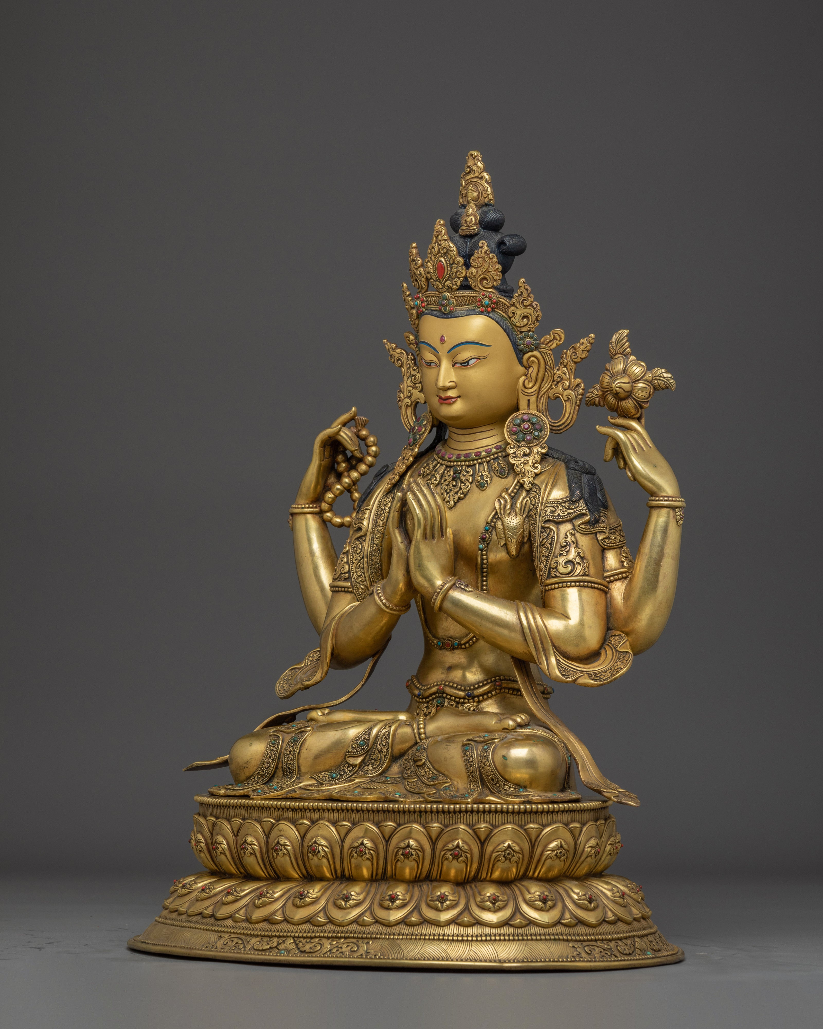 Gold Gilded Chenrezig Art with Copper Body | Tibetan Bodhisattva of Compassion