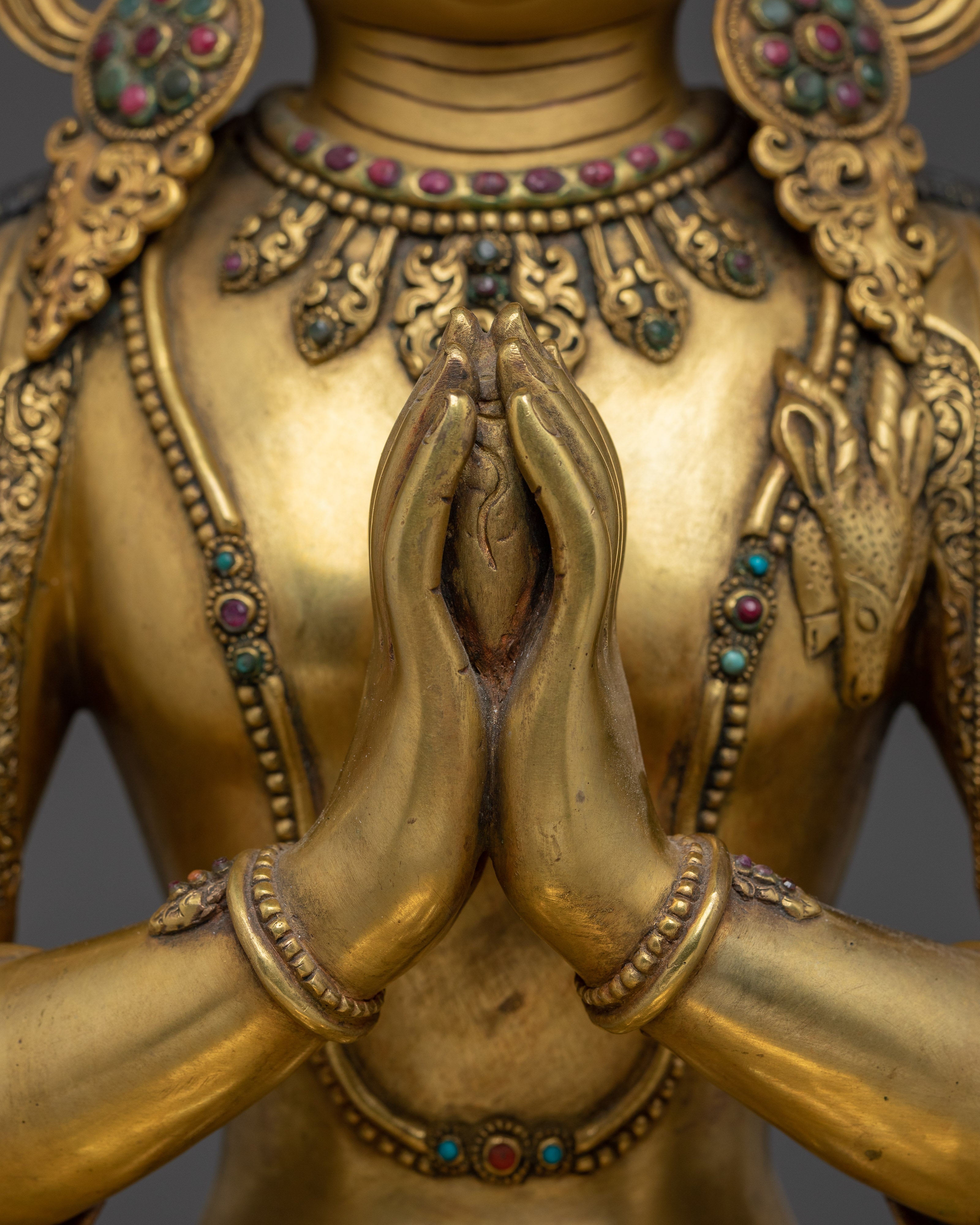 Gold Gilded Chenrezig Art with Copper Body | Tibetan Bodhisattva of Compassion