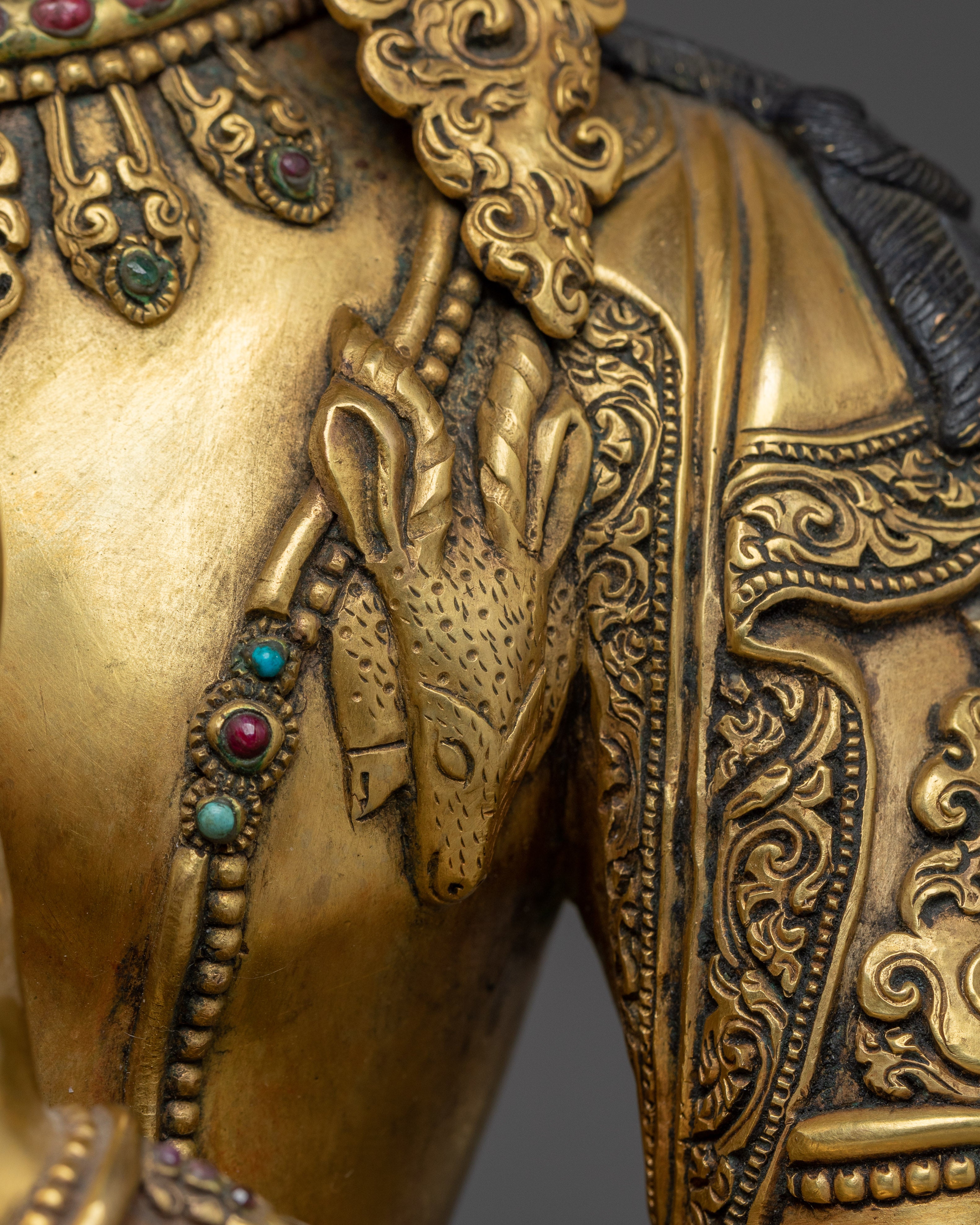 Gold Gilded Chenrezig Art with Copper Body | Tibetan Bodhisattva of Compassion