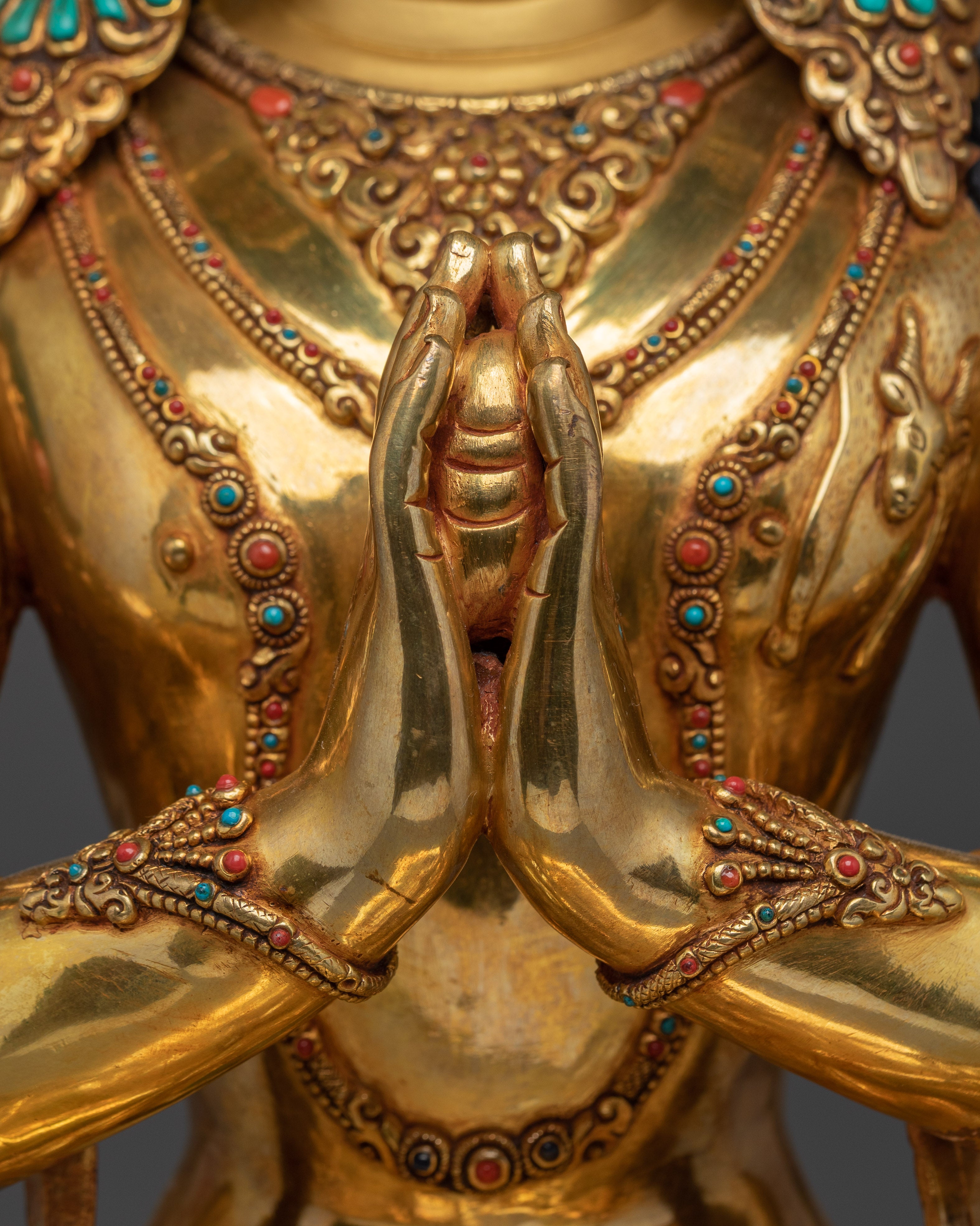 Gold Gilded Four Armed Chenrezig Statue with Copper Body | Tibetan Buddha of Compassion