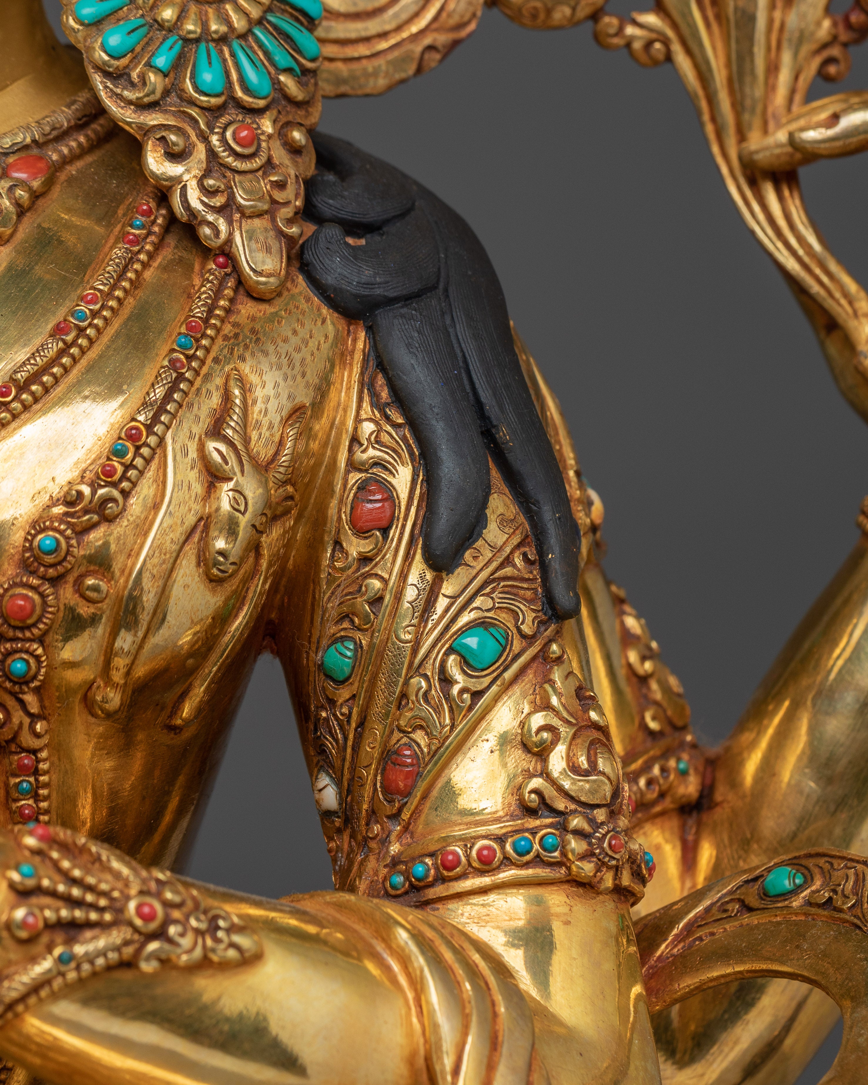 Gold Gilded Four Armed Chenrezig Statue with Copper Body | Tibetan Buddha of Compassion