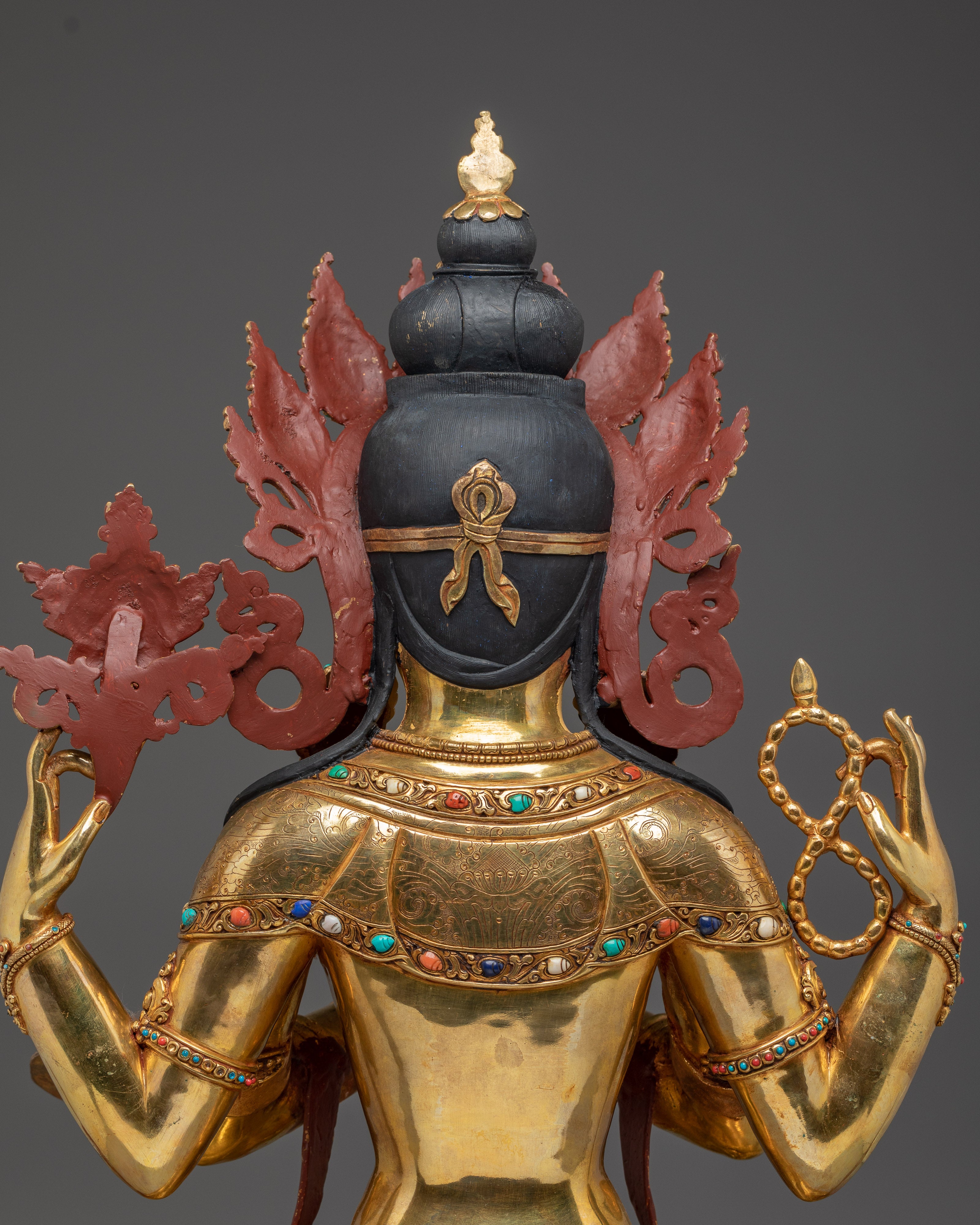 Gold Gilded Four Armed Chenrezig Statue with Copper Body | Tibetan Buddha of Compassion