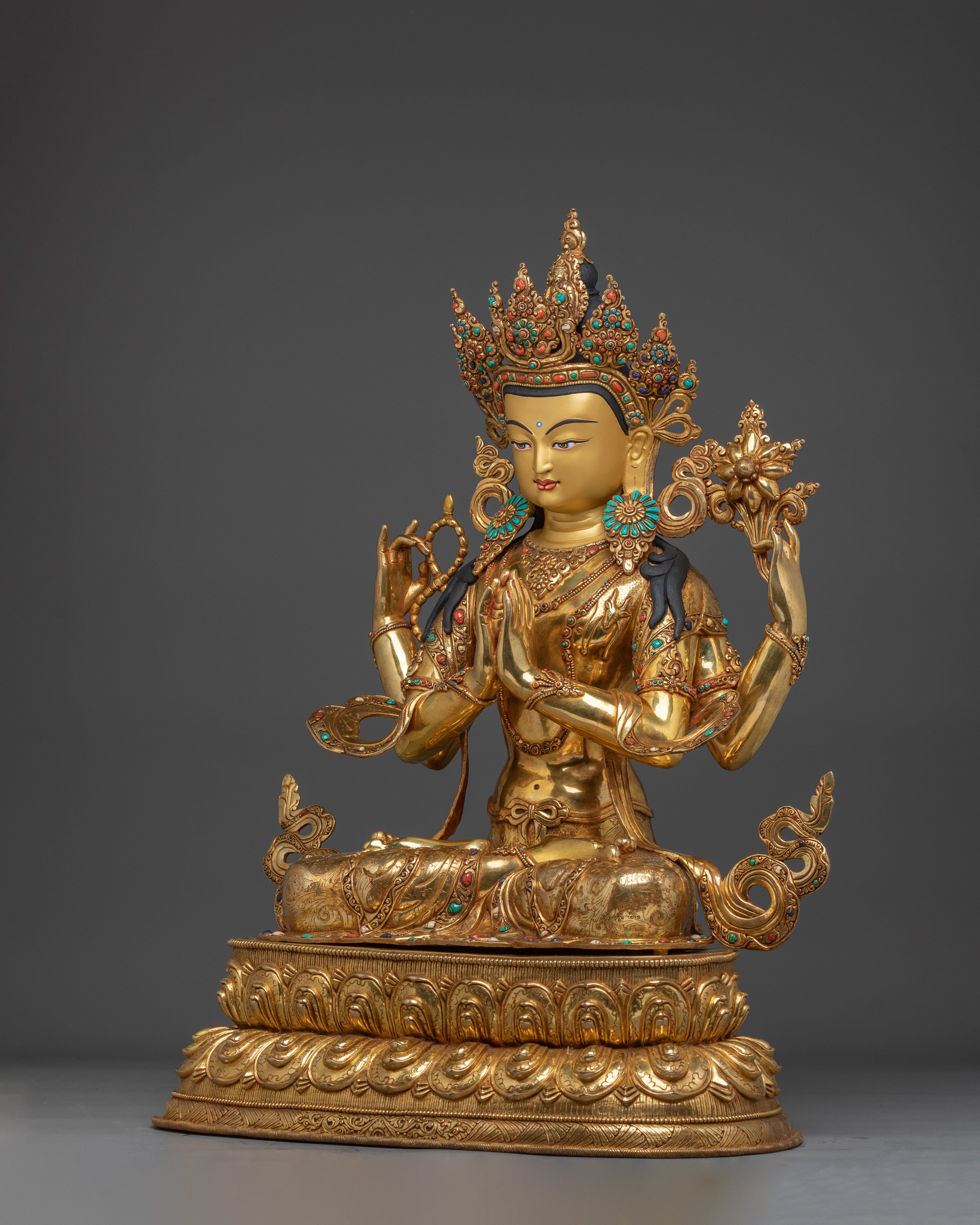 Gold Gilded Four Armed Chenrezig Statue with Copper Body | Tibetan Buddha of Compassion