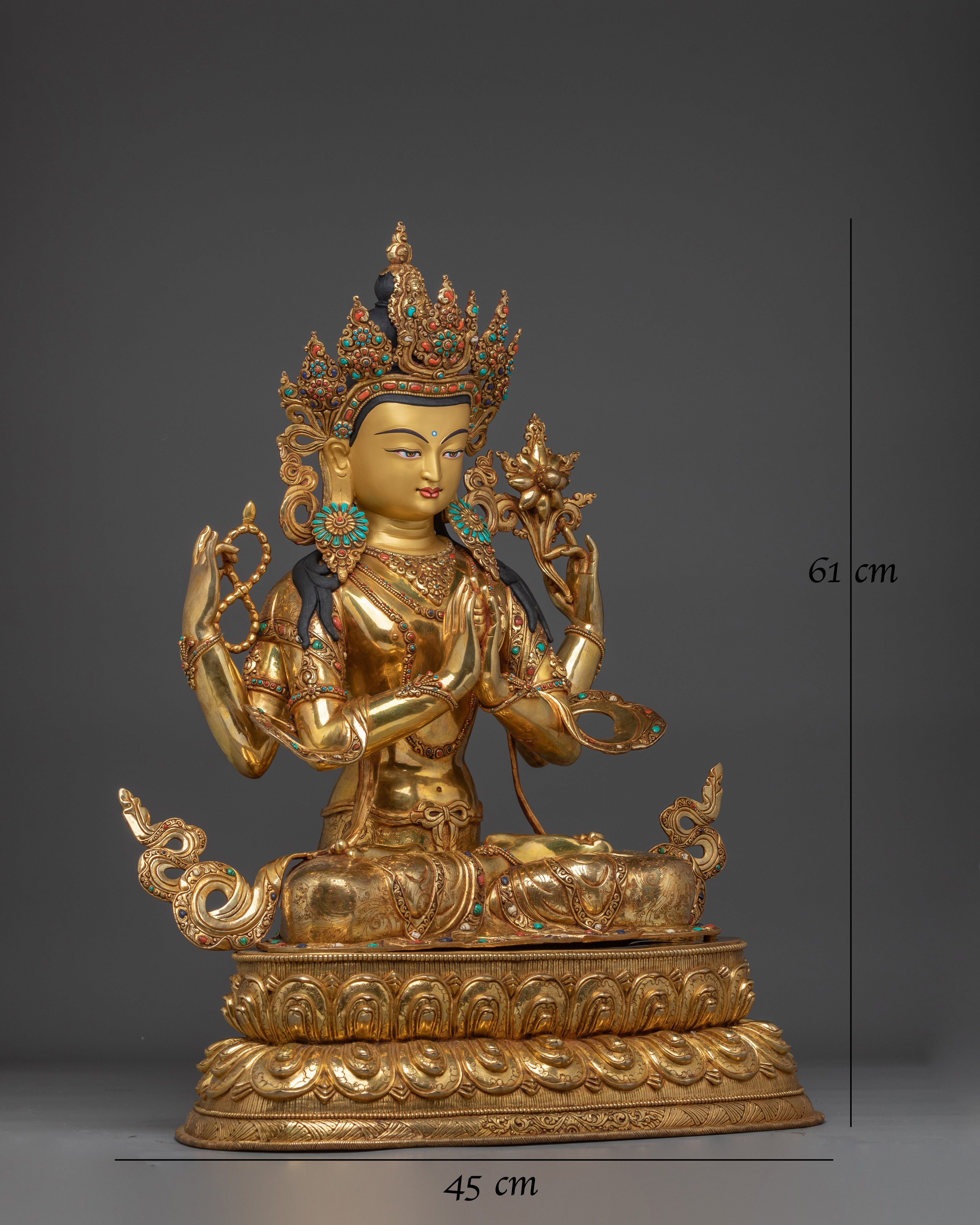 Gold Gilded Four Armed Chenrezig Statue with Copper Body