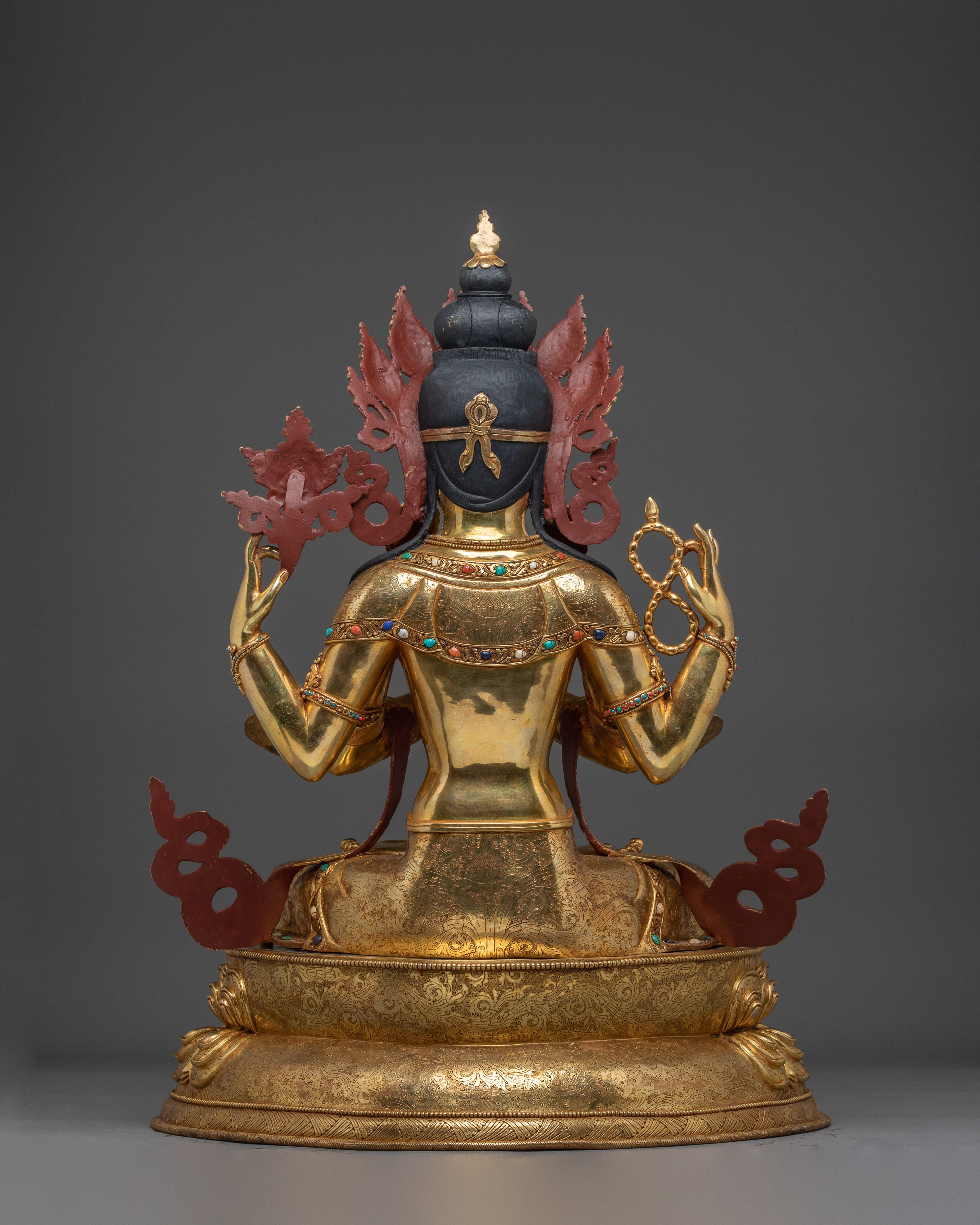 Gold Gilded Four Armed Chenrezig Statue with Copper Body | Tibetan Buddha of Compassion