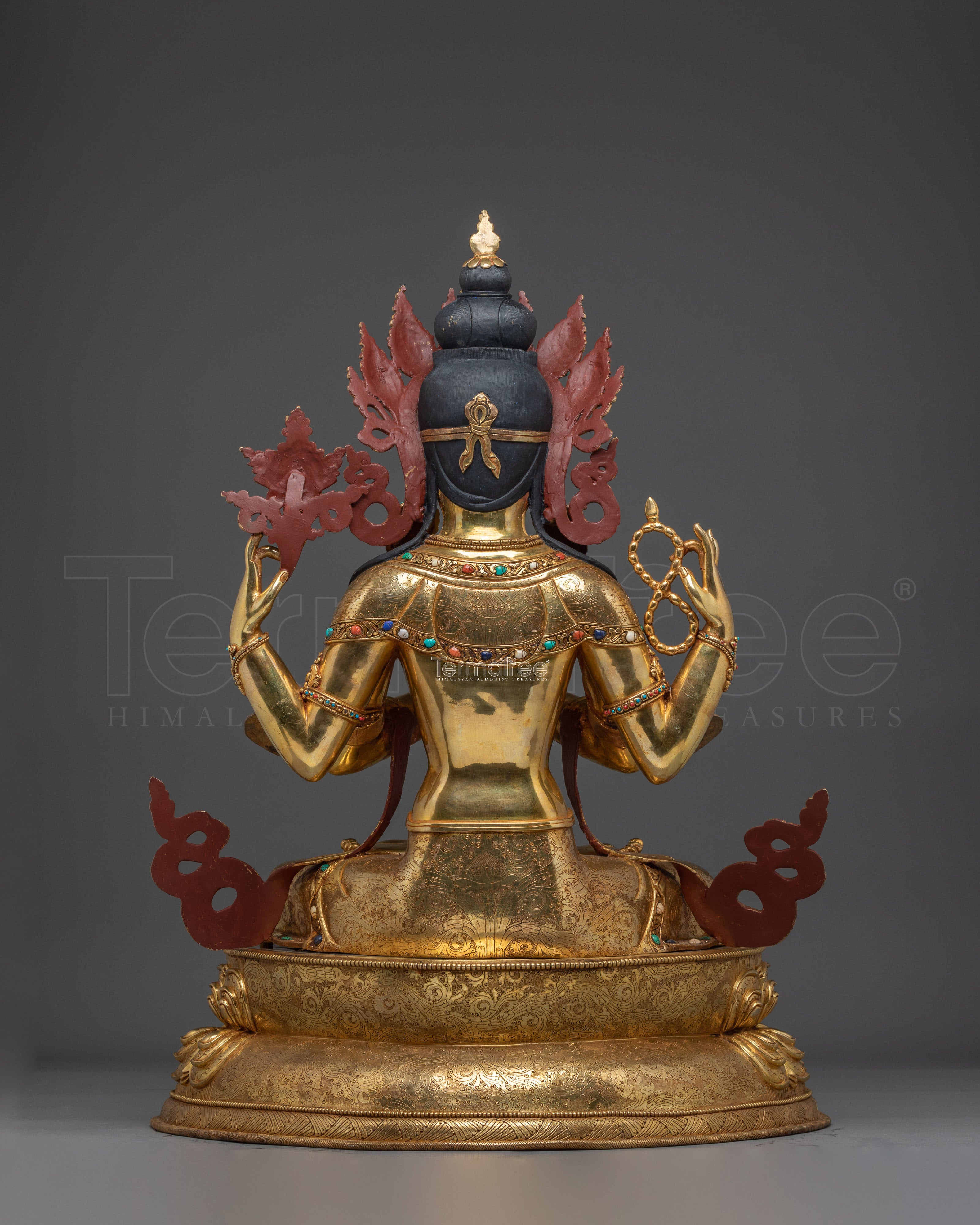 Gold Gilded Four Armed Chenrezig Statue with Copper Body | Tibetan Buddha of Compassion