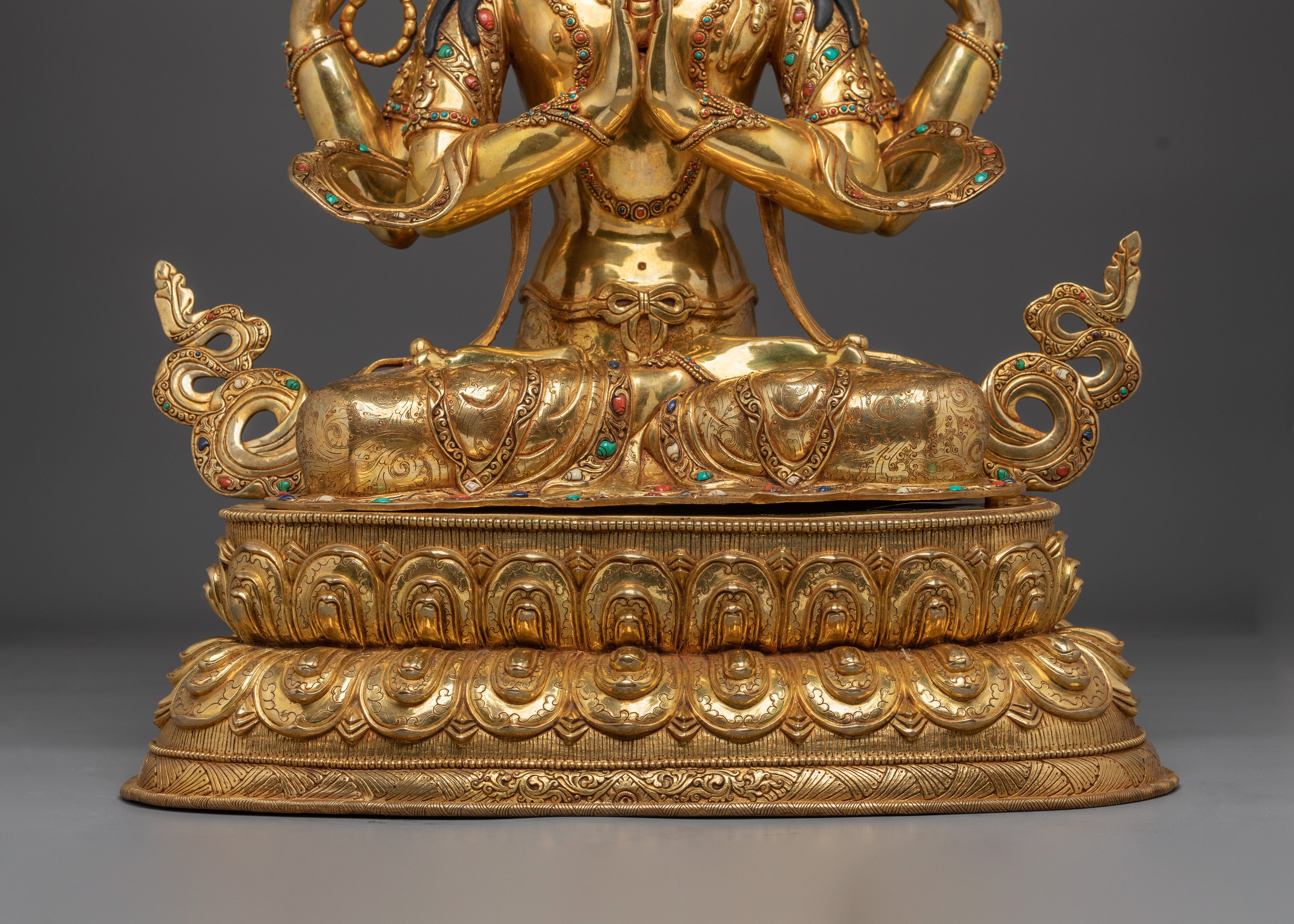 Gold Gilded Four Armed Chenrezig Statue with Copper Body | Tibetan Buddha of Compassion