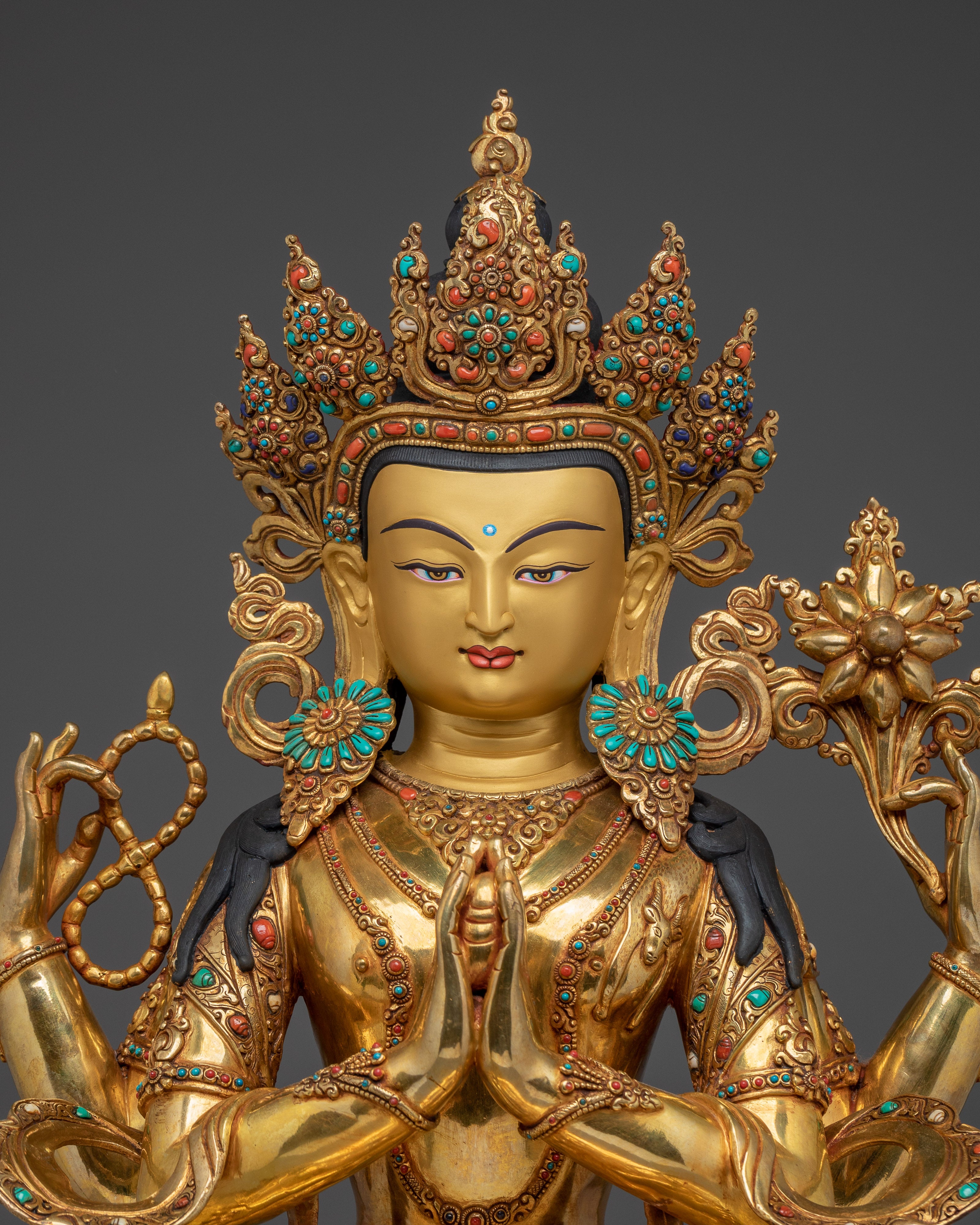 Gold Gilded Four Armed Chenrezig Statue with Copper Body | Tibetan Buddha of Compassion