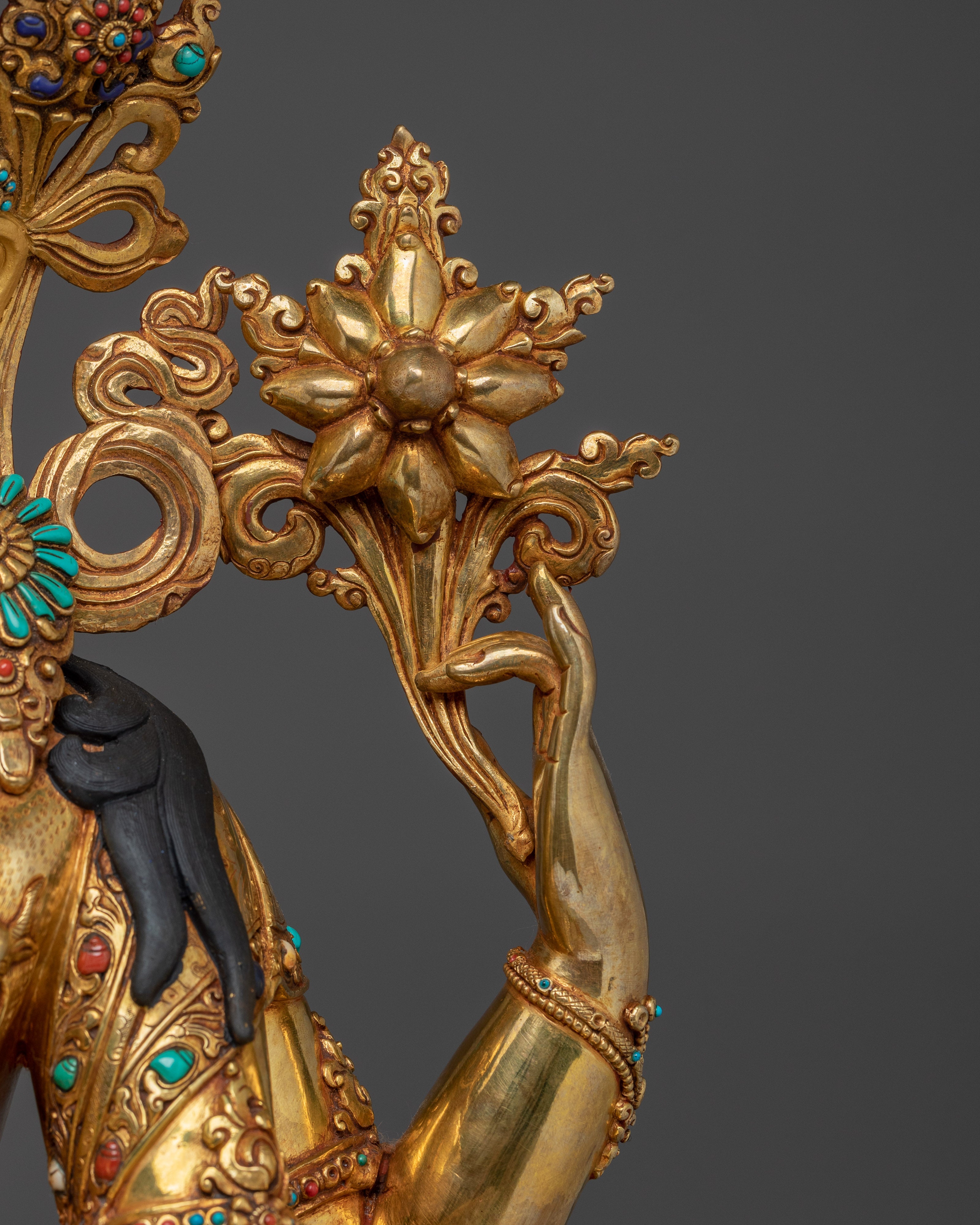 Gold Gilded Four Armed Chenrezig Statue with Copper Body | Tibetan Buddha of Compassion