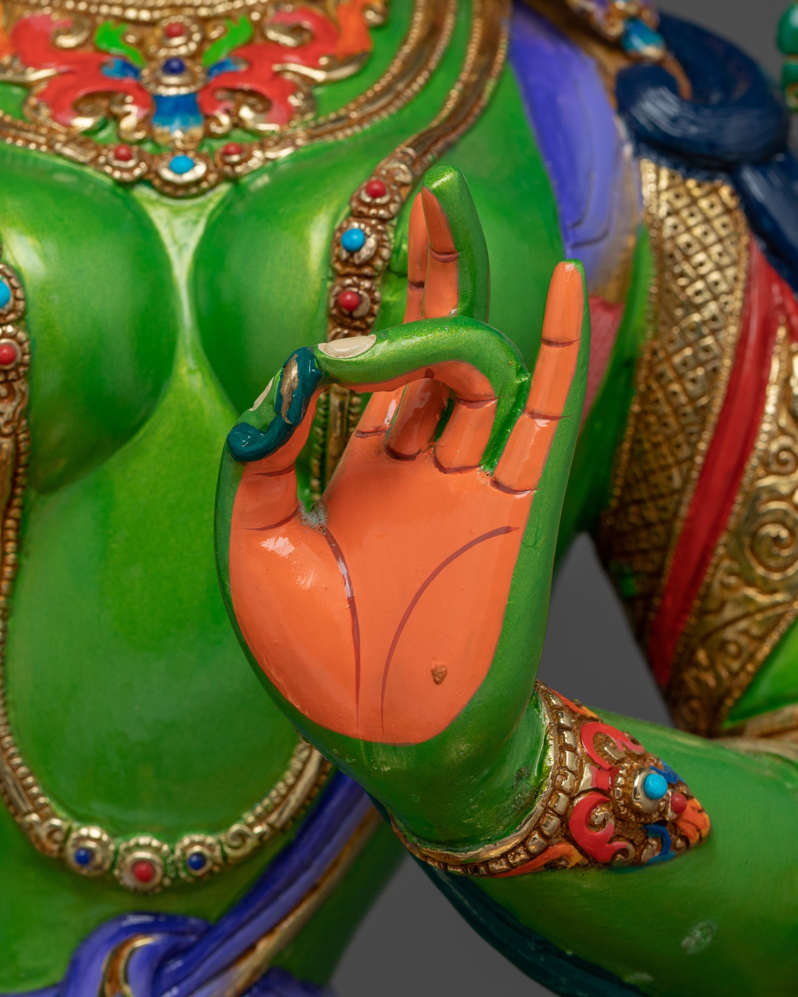 Green Tara in Gold & Acrylic Paint | Spiritual Altar Figurine for Meditation