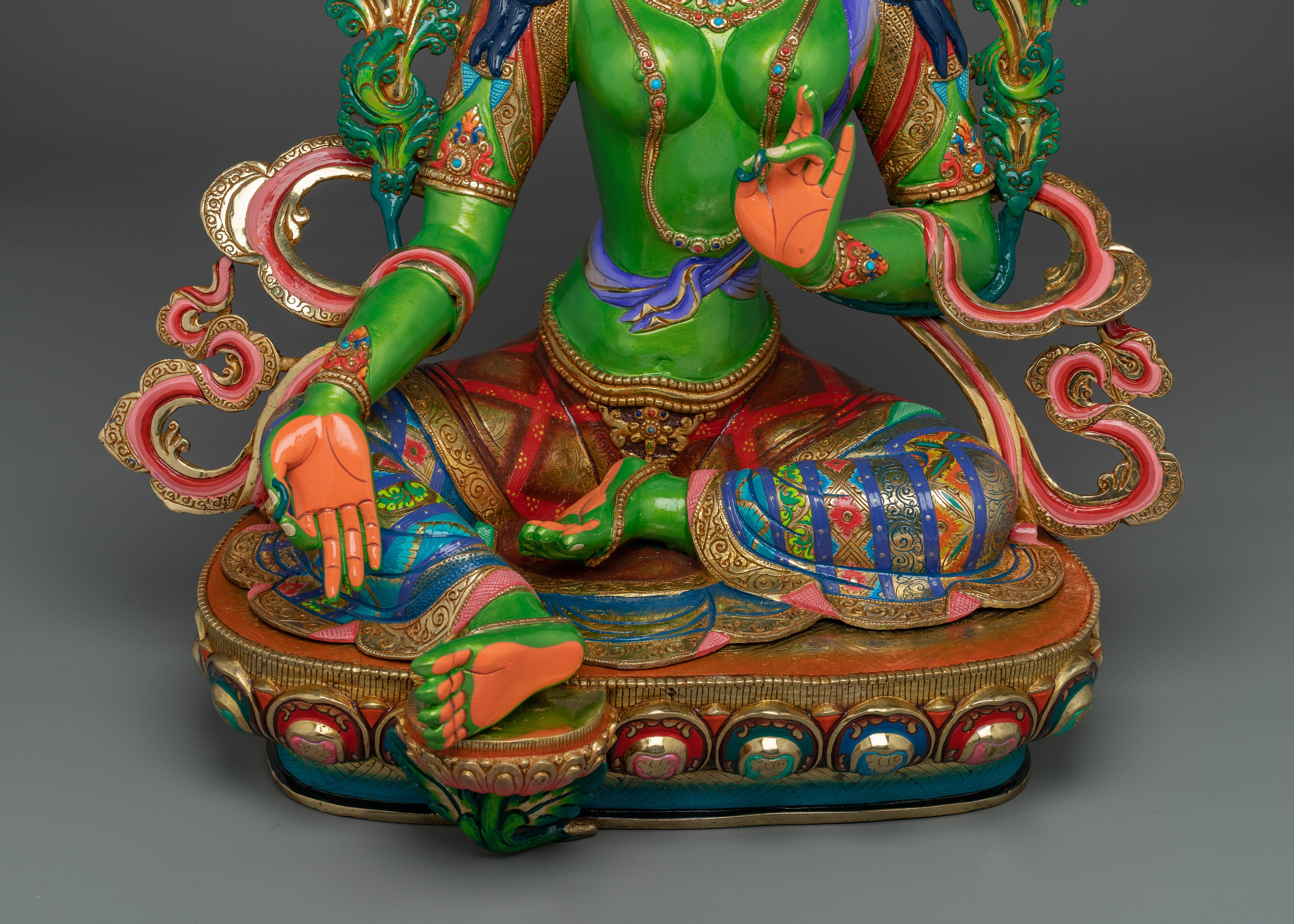 Green Tara in Gold & Acrylic Paint | Spiritual Altar Figurine for Meditation