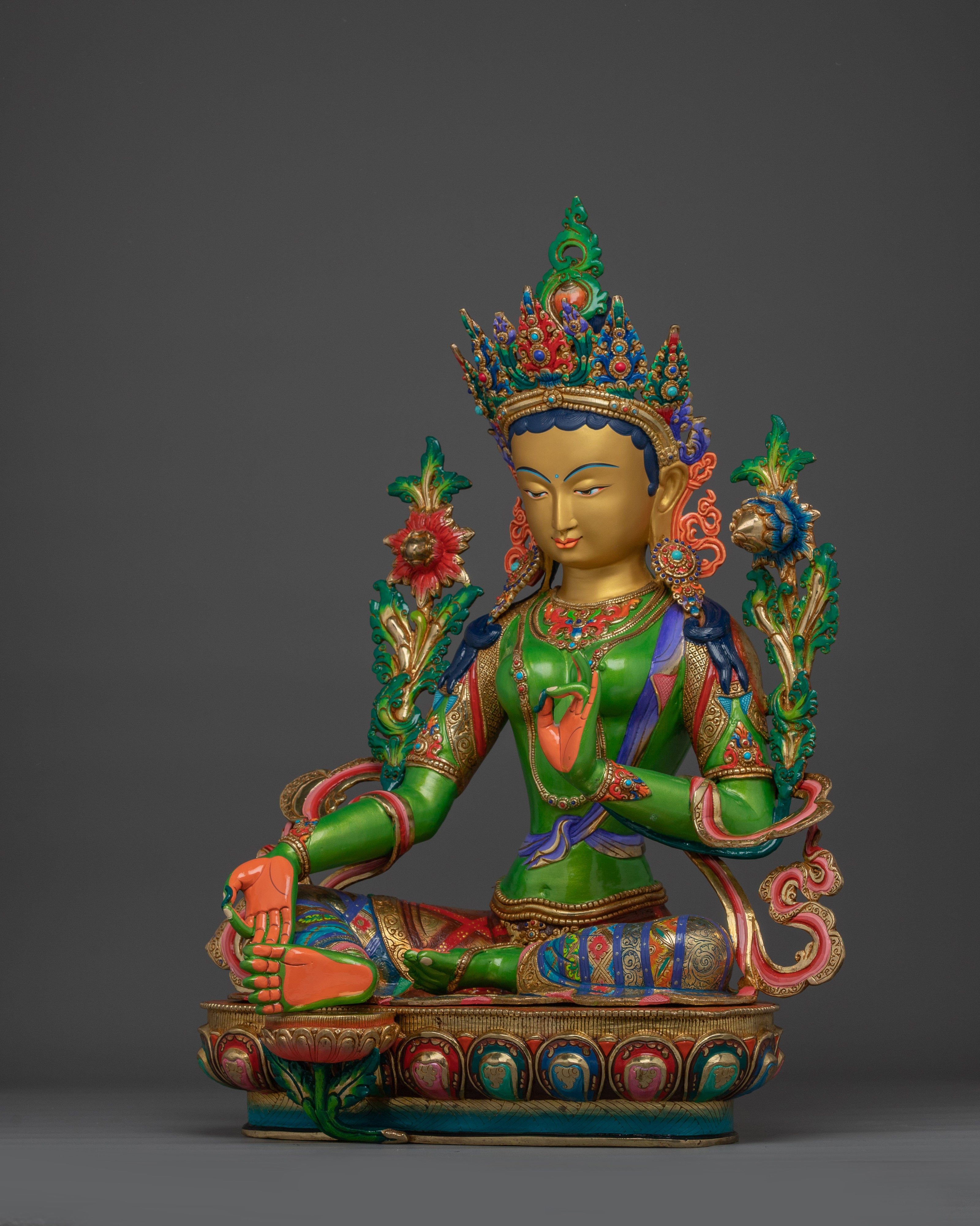Green Tara in Gold & Acrylic Paint | Spiritual Altar Figurine for Meditation
