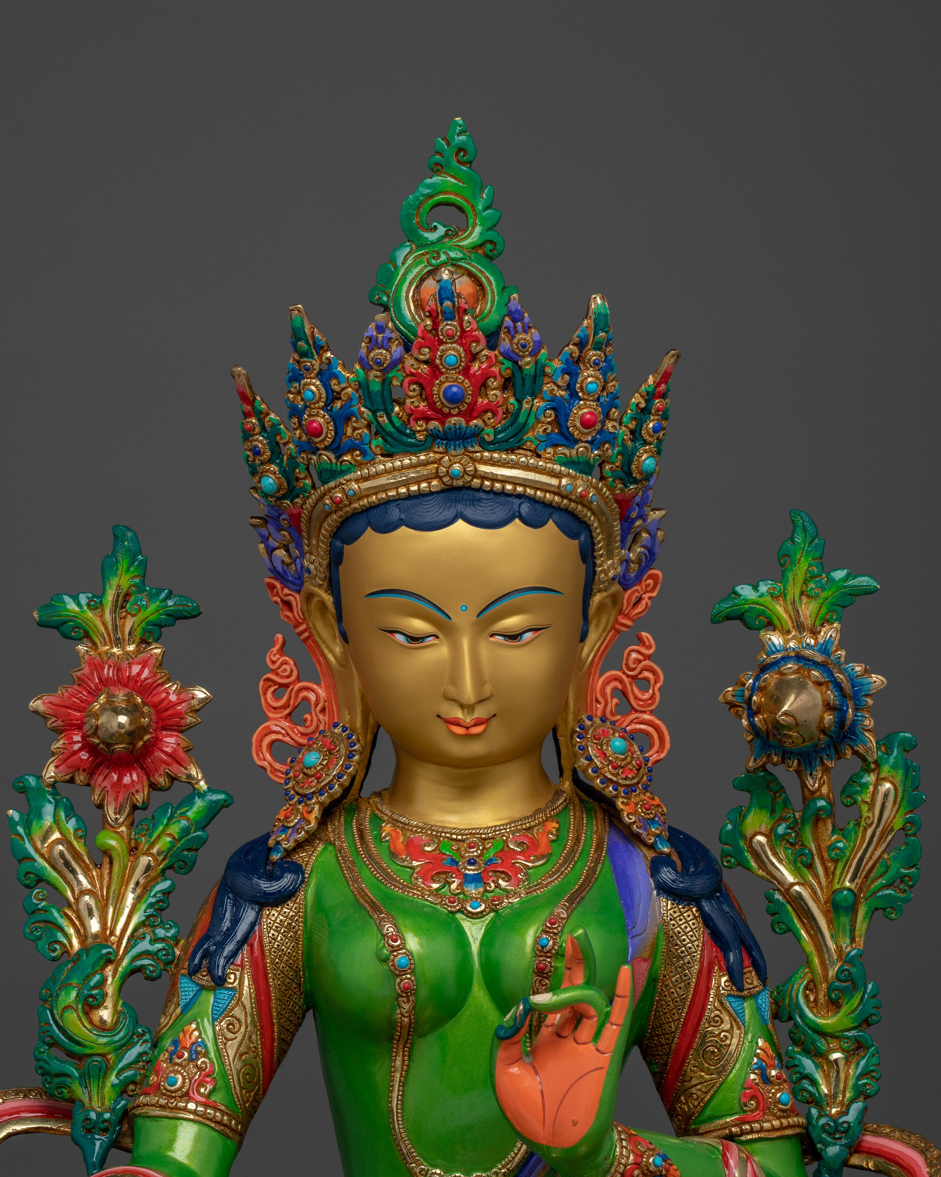 Green Tara in Gold & Acrylic Paint | Spiritual Altar Figurine for Meditation