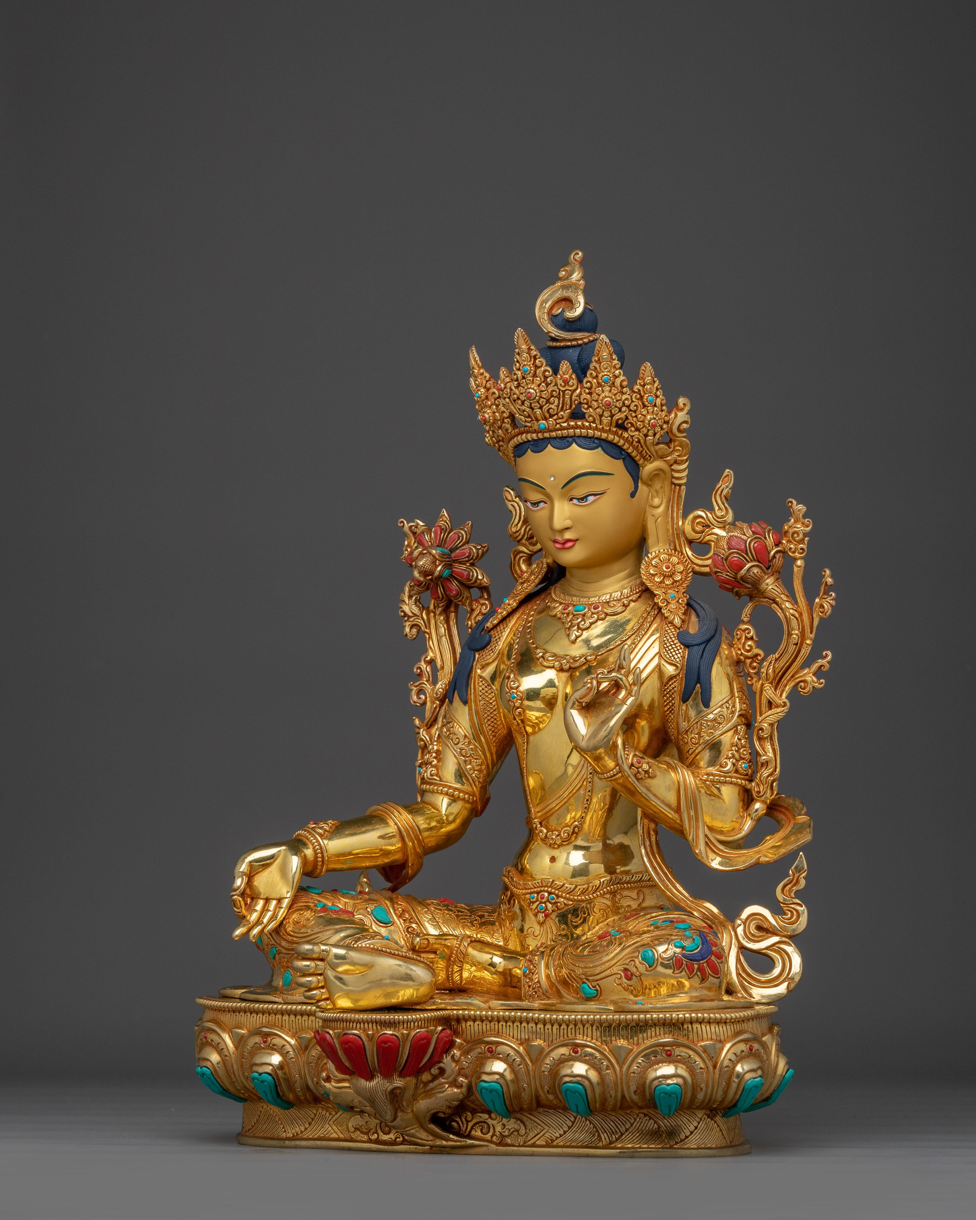 Green Tara Statue in 24K Gold Gilded Copper | Spiritual Protector for Meditation