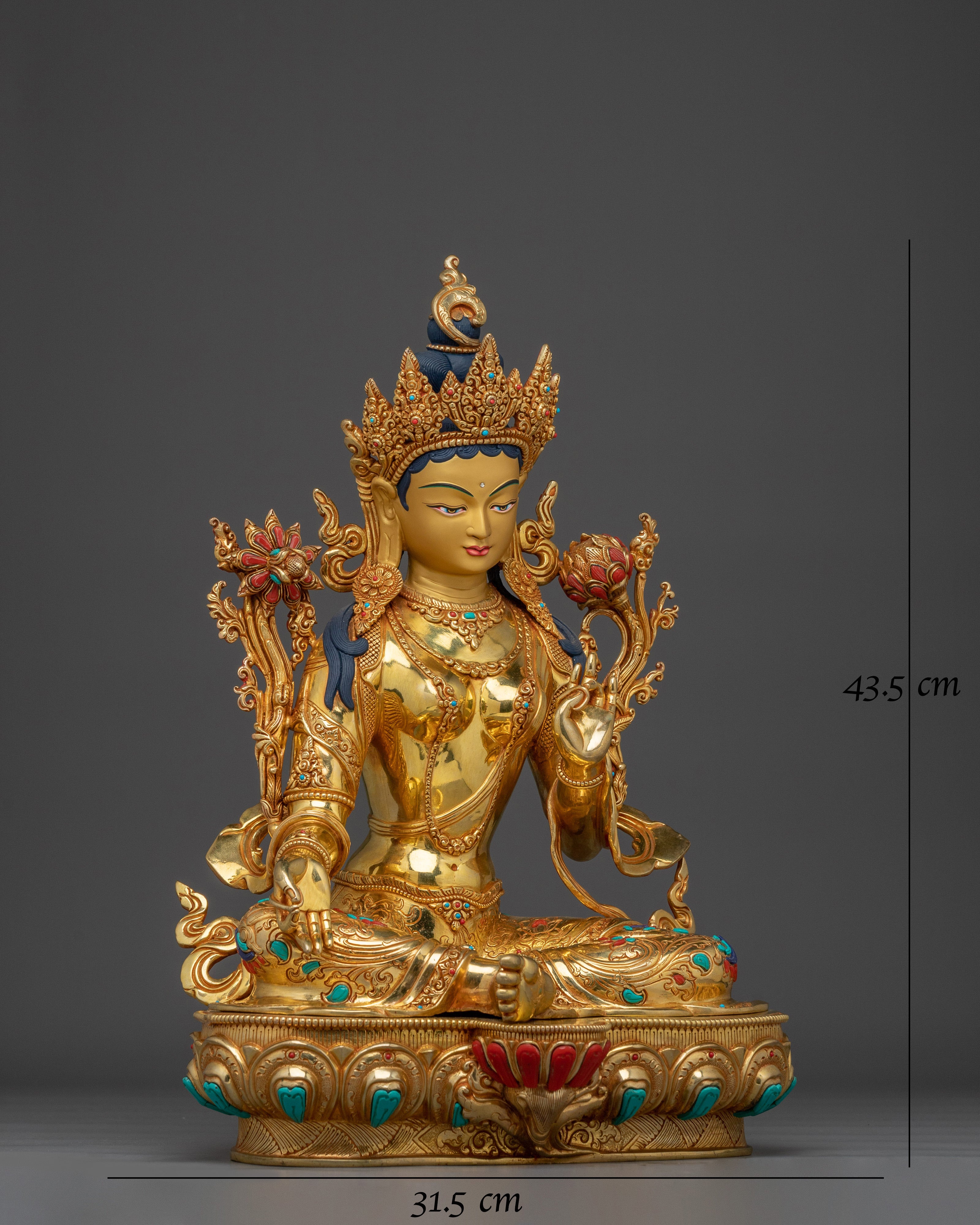 Green Tara Statue in 24K Gold Gilded Copper