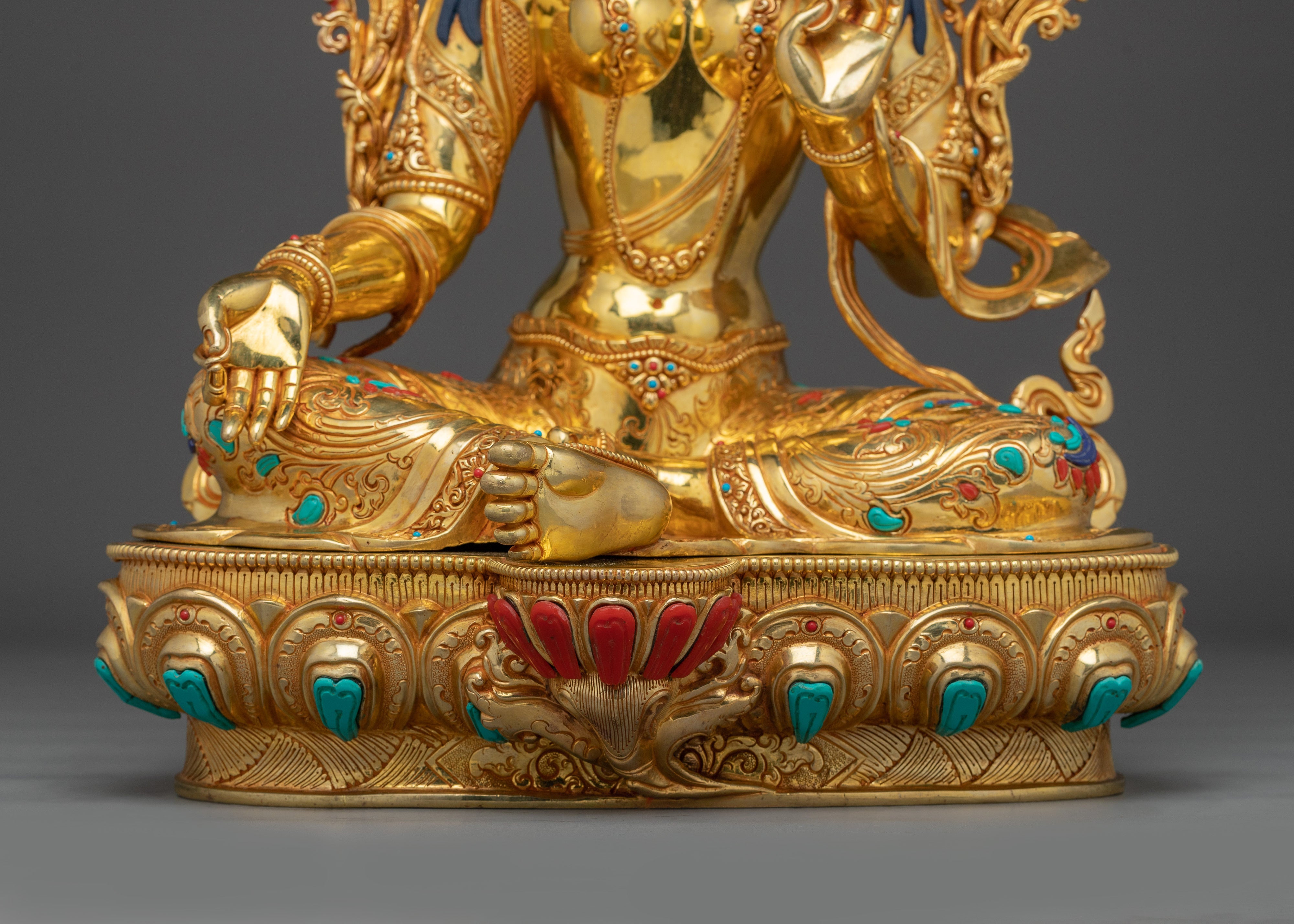 Green Tara Statue in 24K Gold Gilded Copper | Spiritual Protector for Meditation