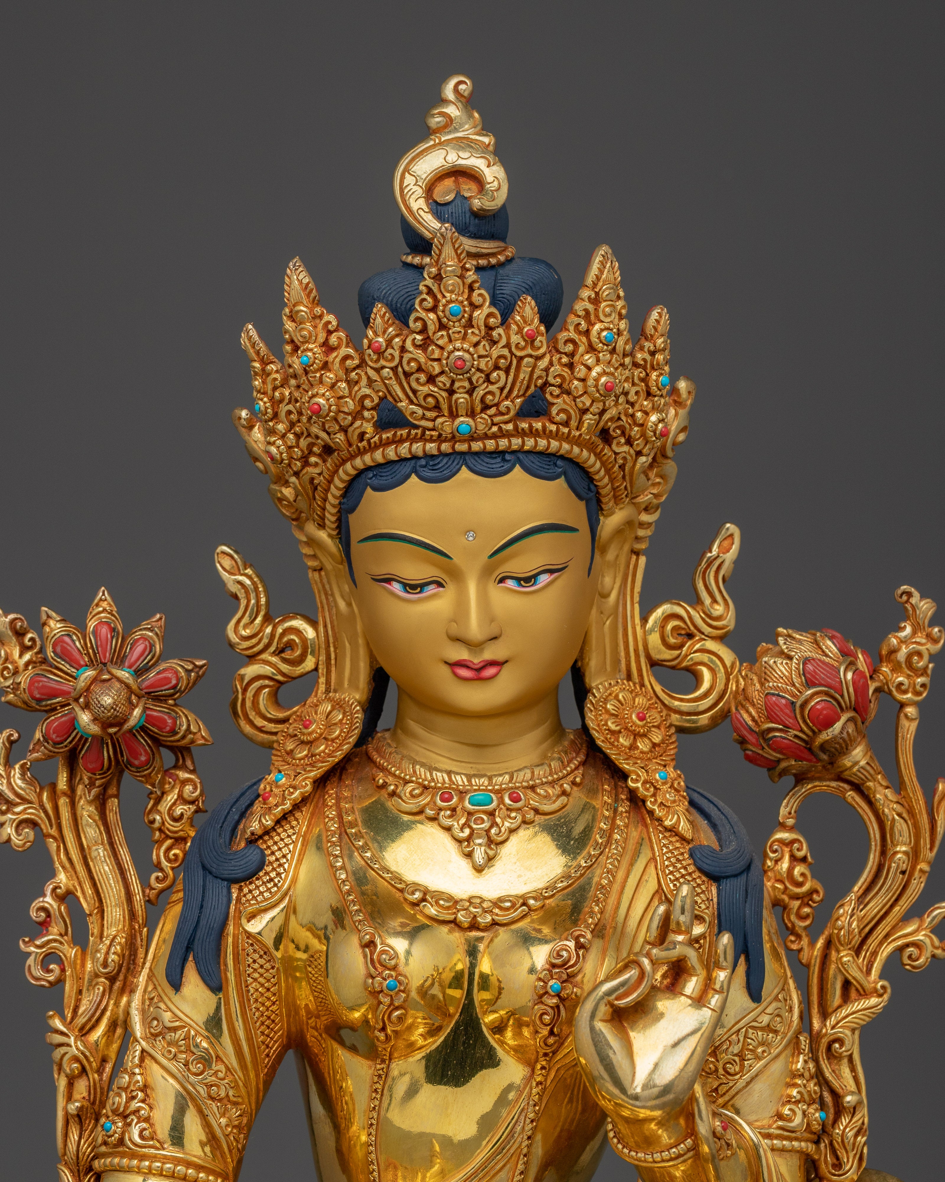 Green Tara Statue in 24K Gold Gilded Copper | Spiritual Protector for Meditation