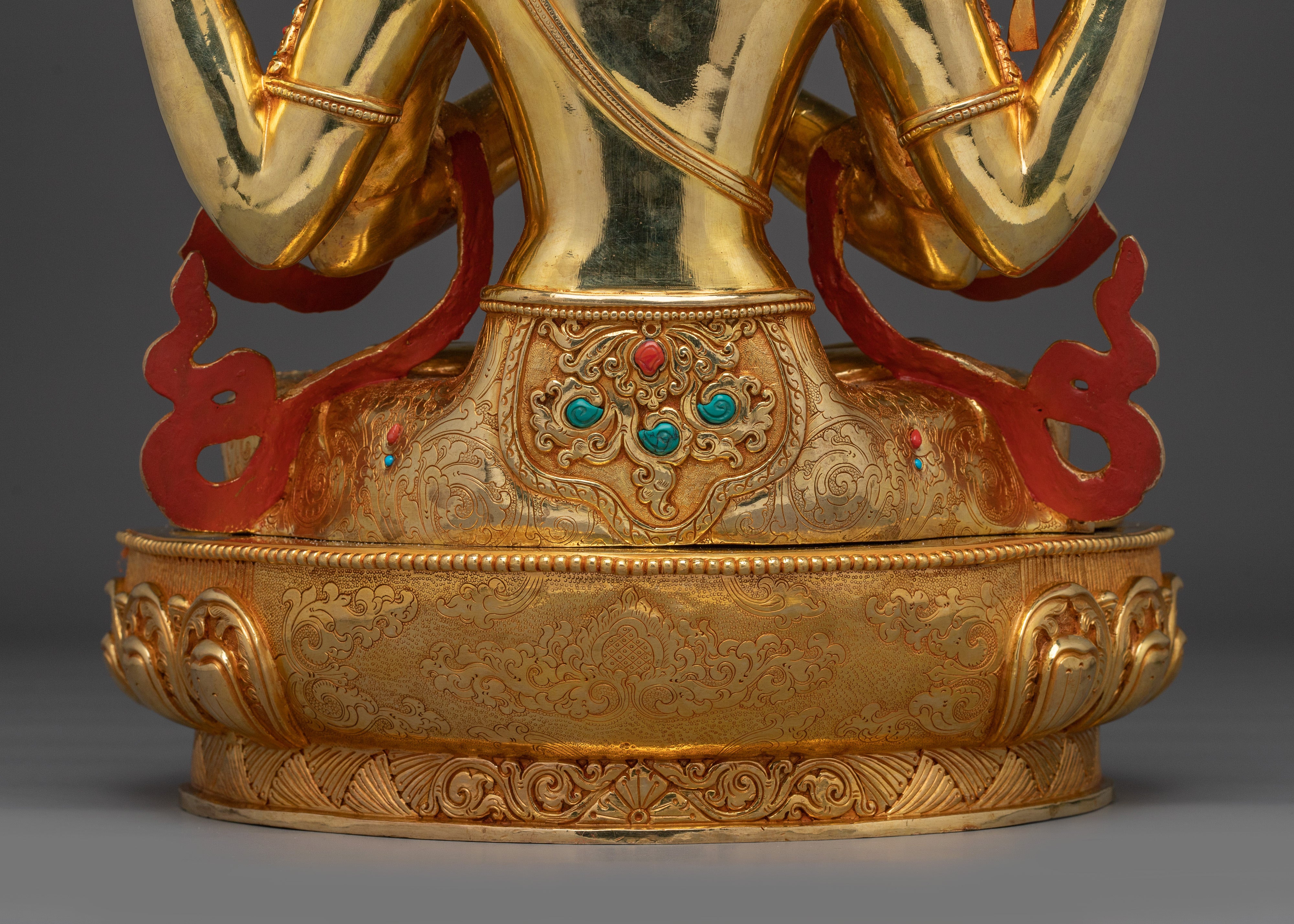 Four-Armed Avalokiteshvara Compassion Sculpture | Chenrezig Deity with 24K Gold Gilding