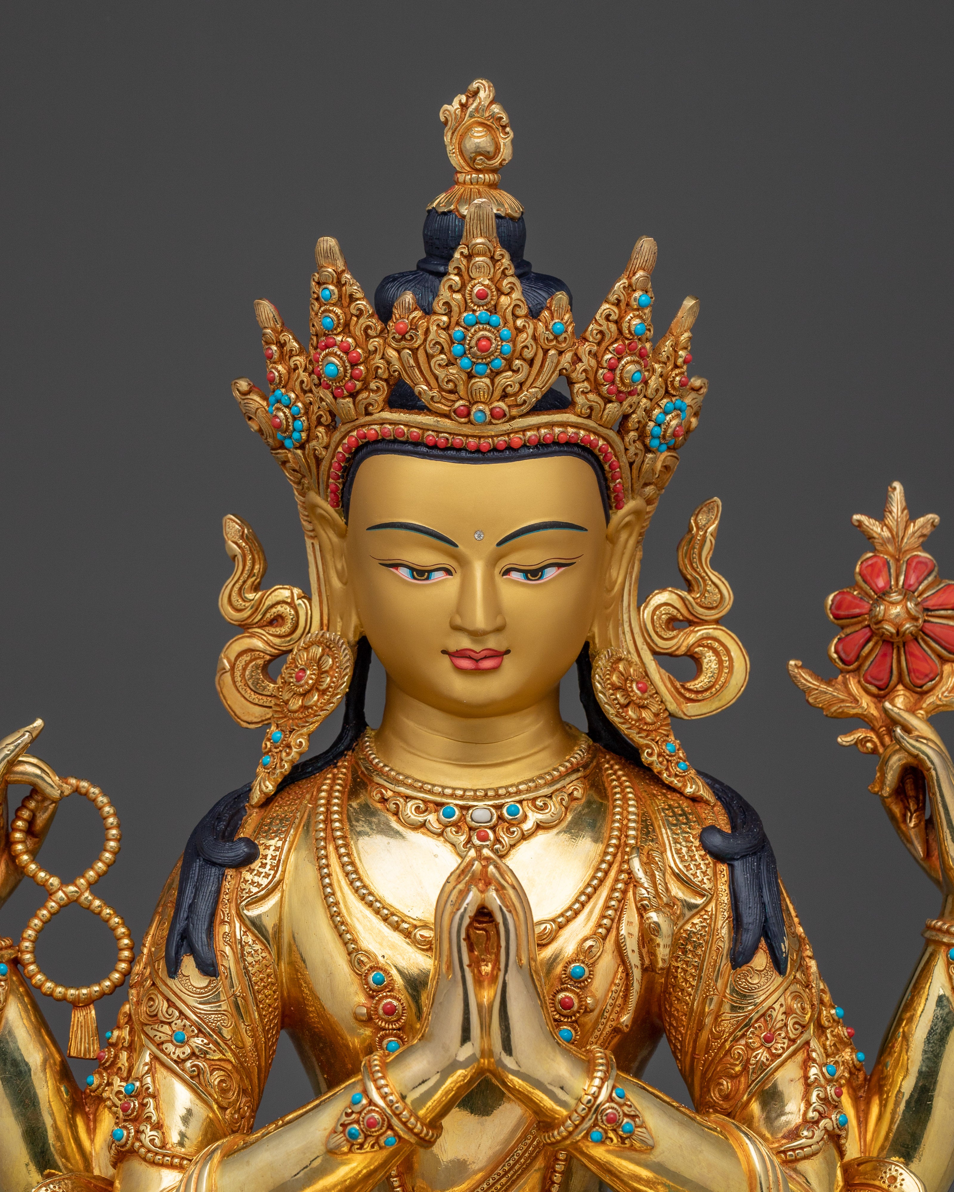 Four-Armed Avalokiteshvara Compassion Sculpture | Chenrezig Deity with 24K Gold Gilding