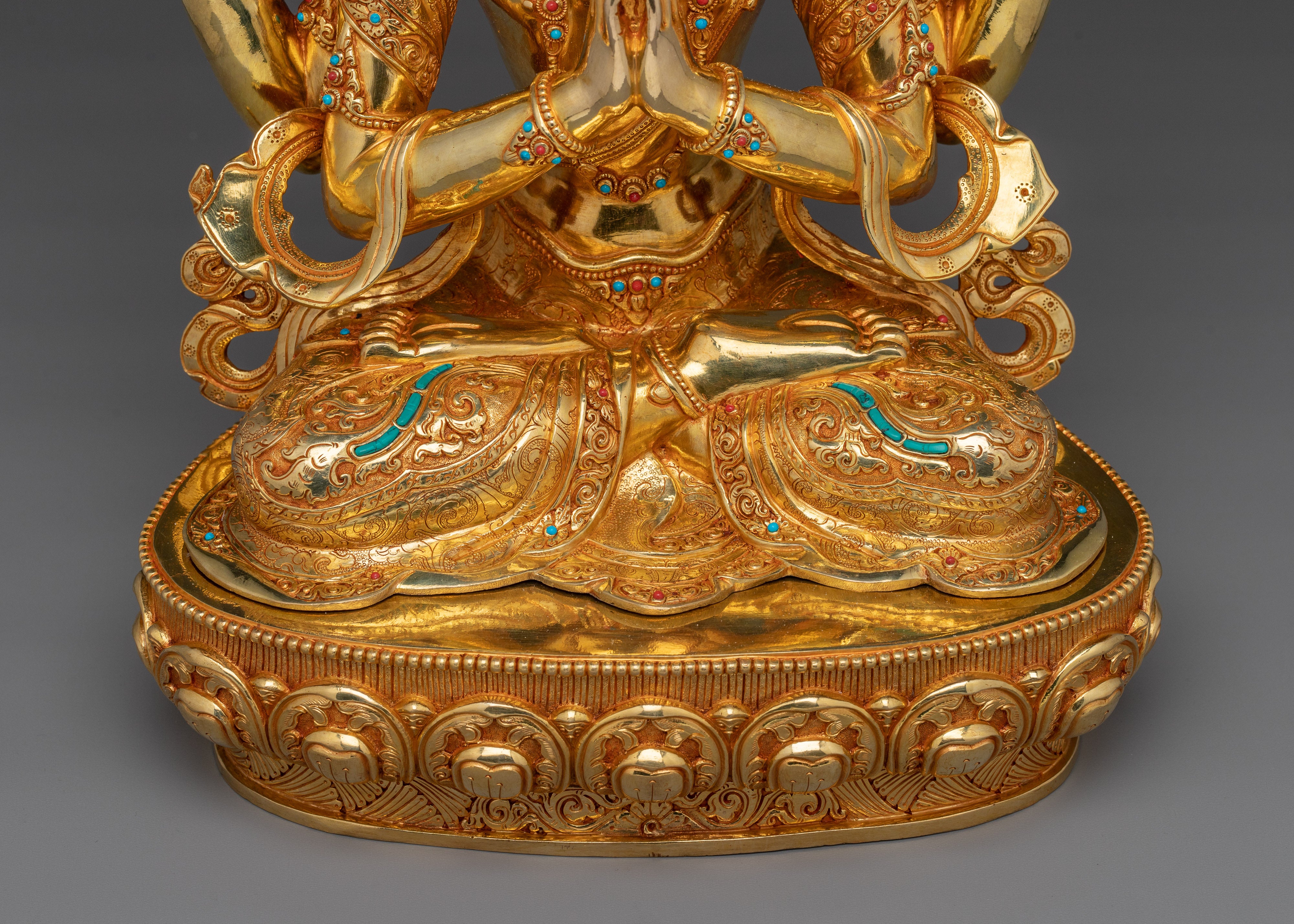 Four-Armed Avalokiteshvara Compassion Sculpture | Chenrezig Deity with 24K Gold Gilding