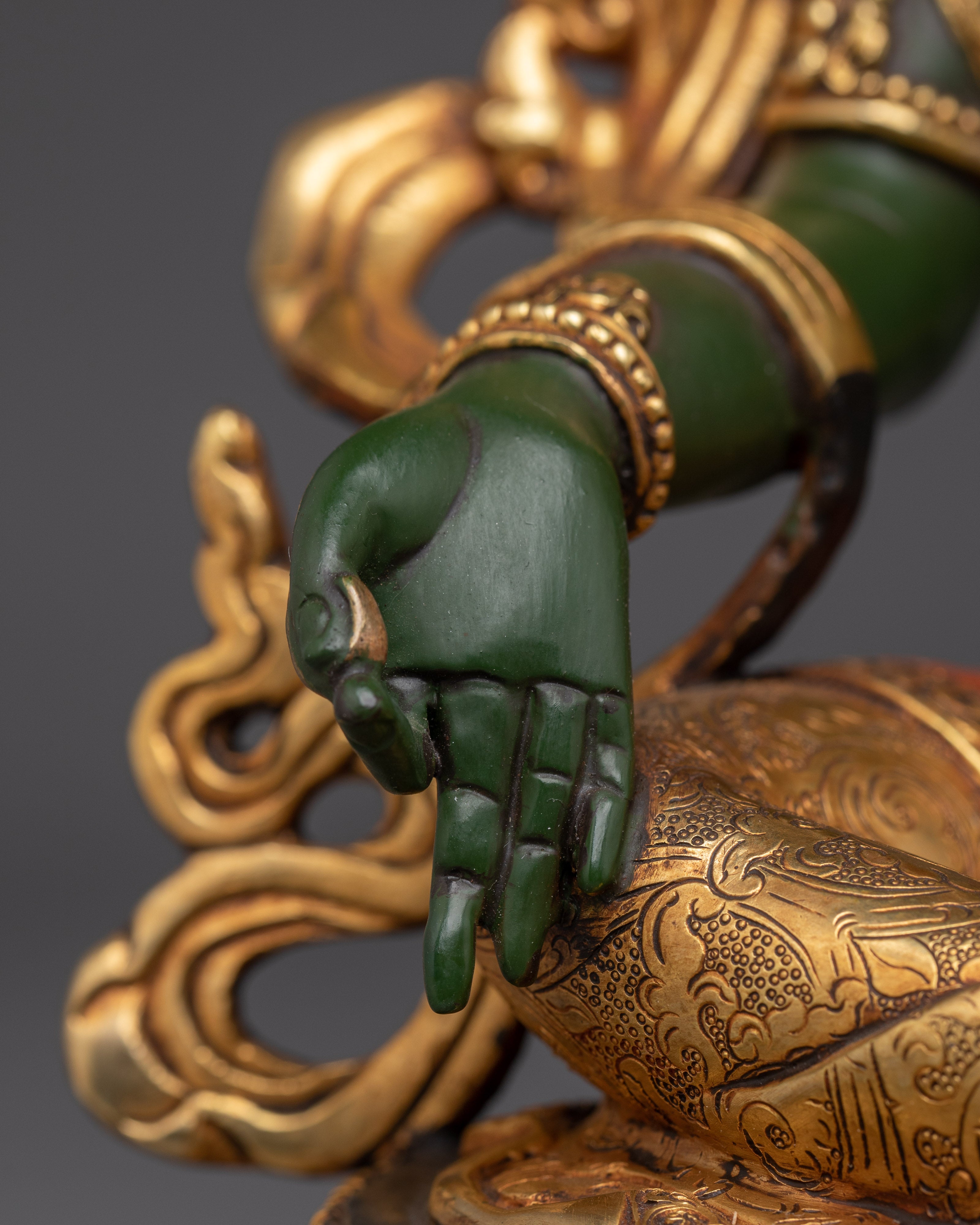 Green Tara 24K Gold Gilded Copper Sculpture | Tibetan Goddess of Compassion for Altar