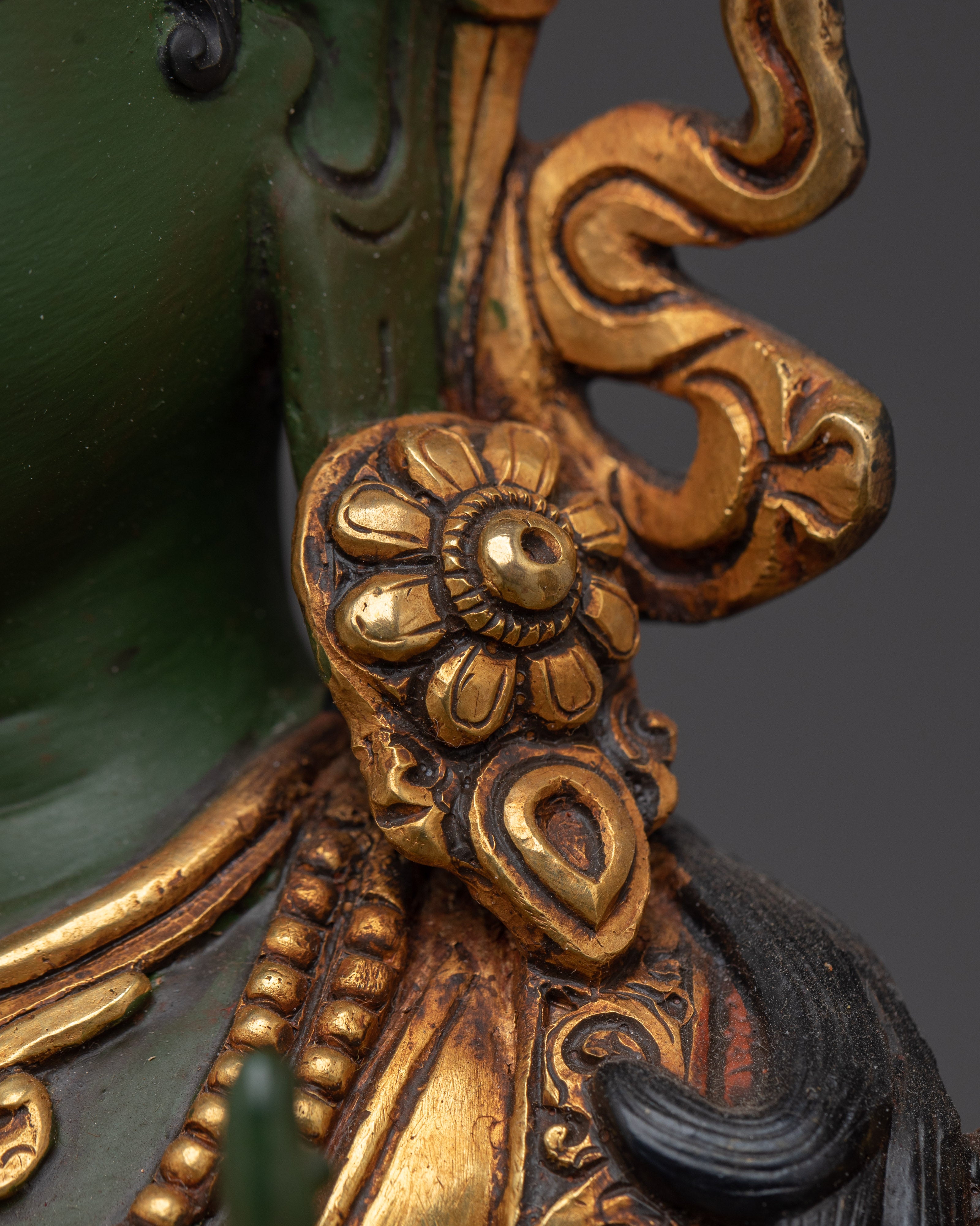 Green Tara 24K Gold Gilded Copper Sculpture | Tibetan Goddess of Compassion for Altar