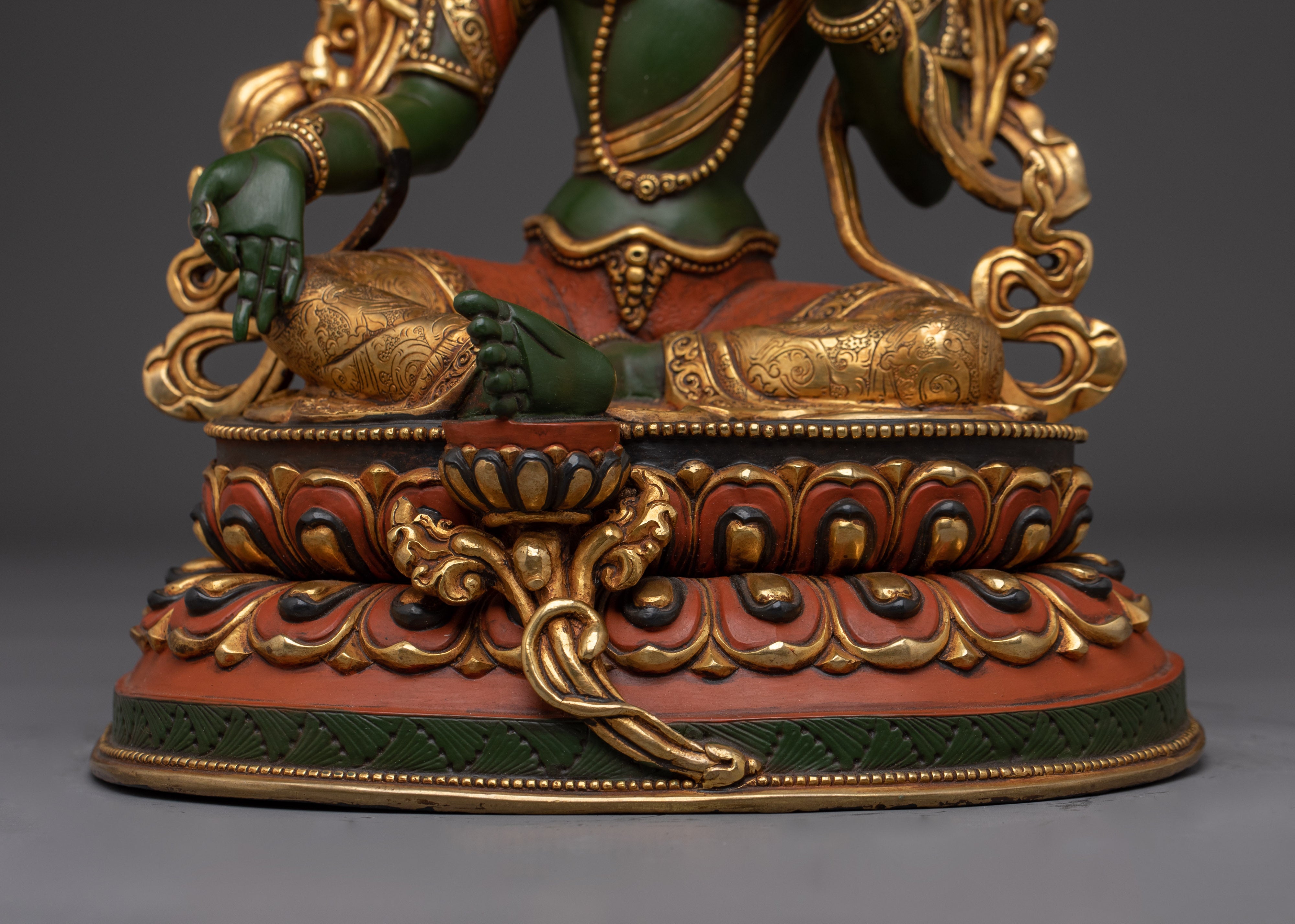 Green Tara 24K Gold Gilded Copper Sculpture | Tibetan Goddess of Compassion for Altar
