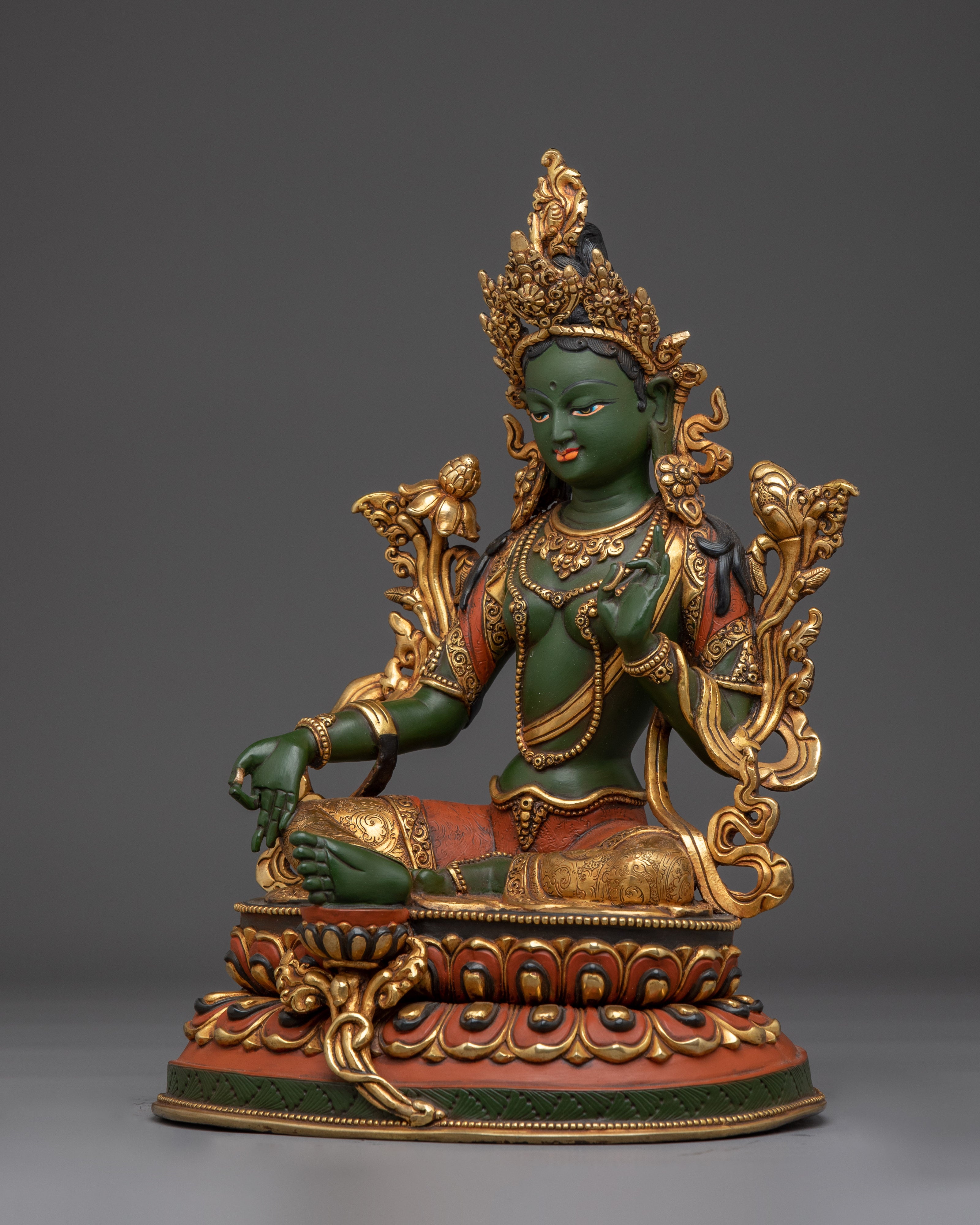 Green Tara 24K Gold Gilded Copper Sculpture | Tibetan Goddess of Compassion for Altar
