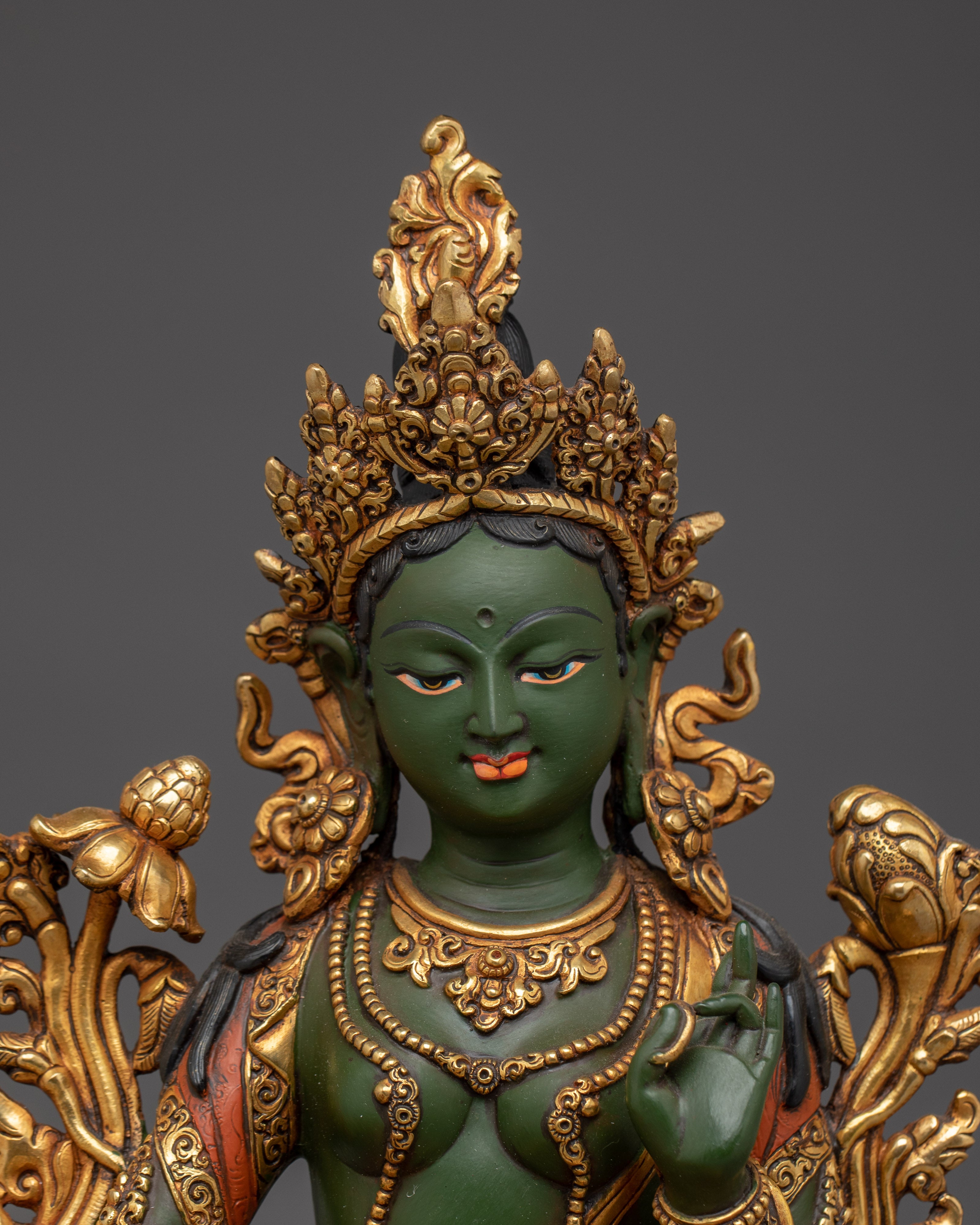 Green Tara 24K Gold Gilded Copper Sculpture | Tibetan Goddess of Compassion for Altar