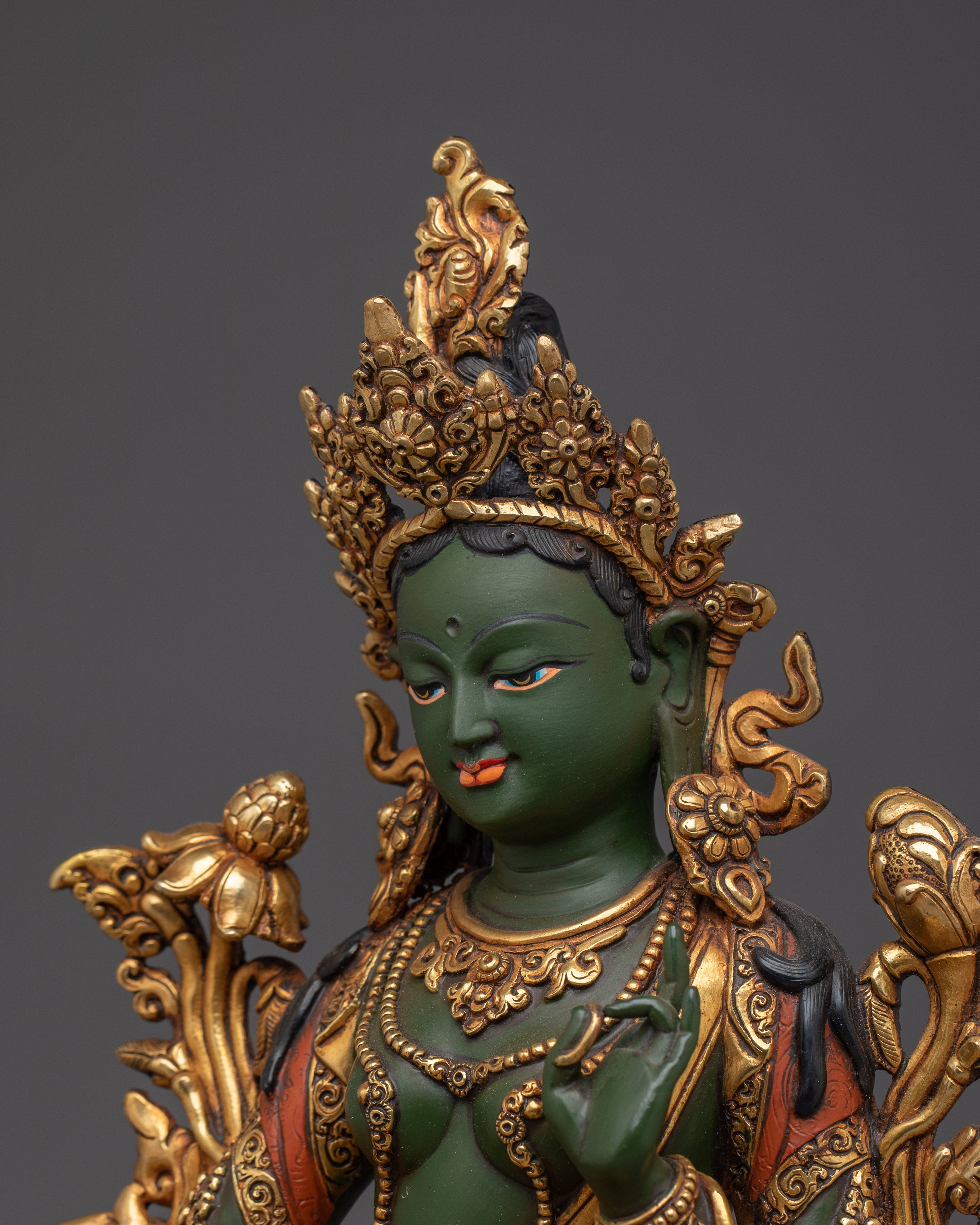 Green Tara 24K Gold Gilded Copper Sculpture | Tibetan Goddess of Compassion for Altar