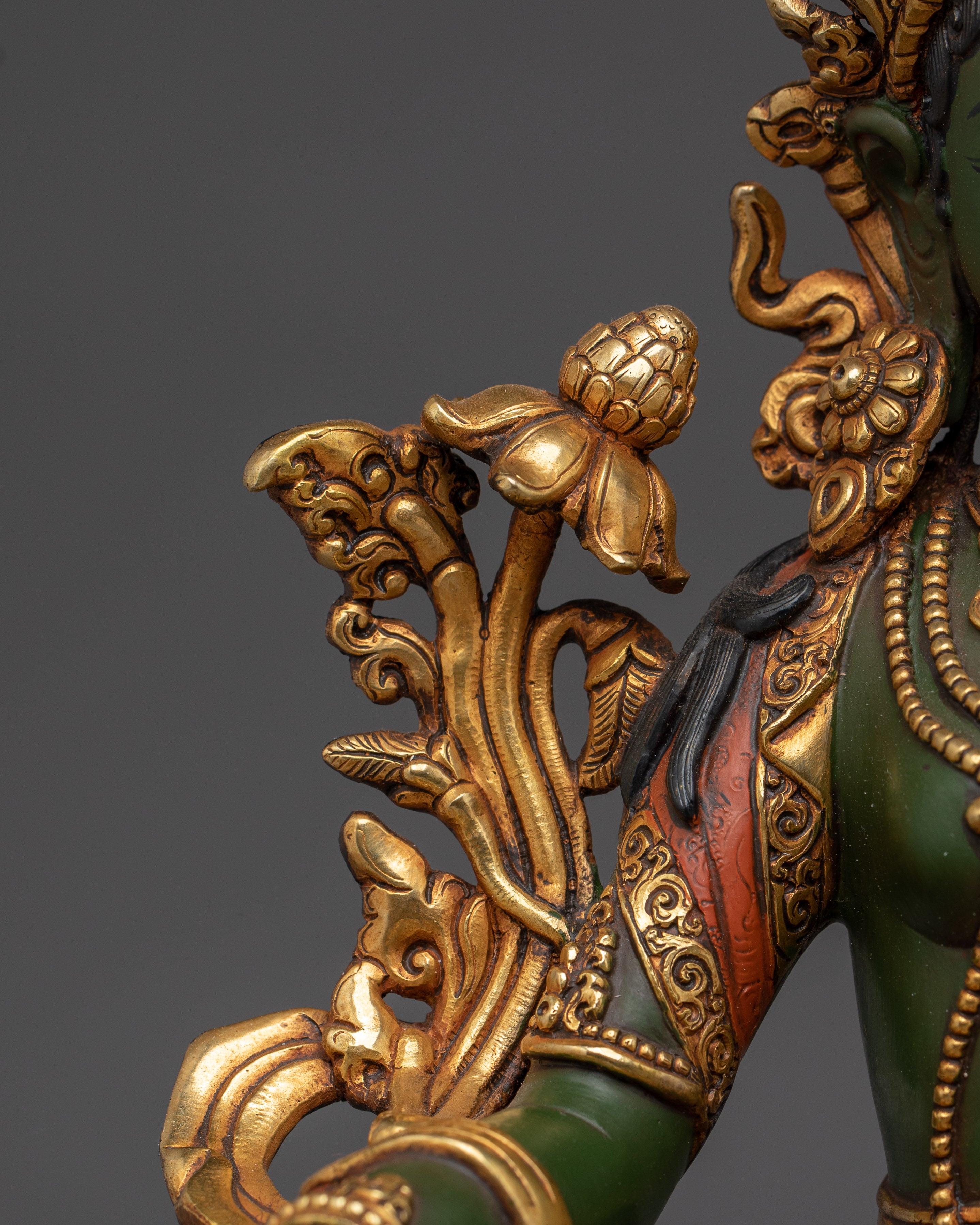 Green Tara 24K Gold Gilded Copper Sculpture | Tibetan Goddess of Compassion for Altar
