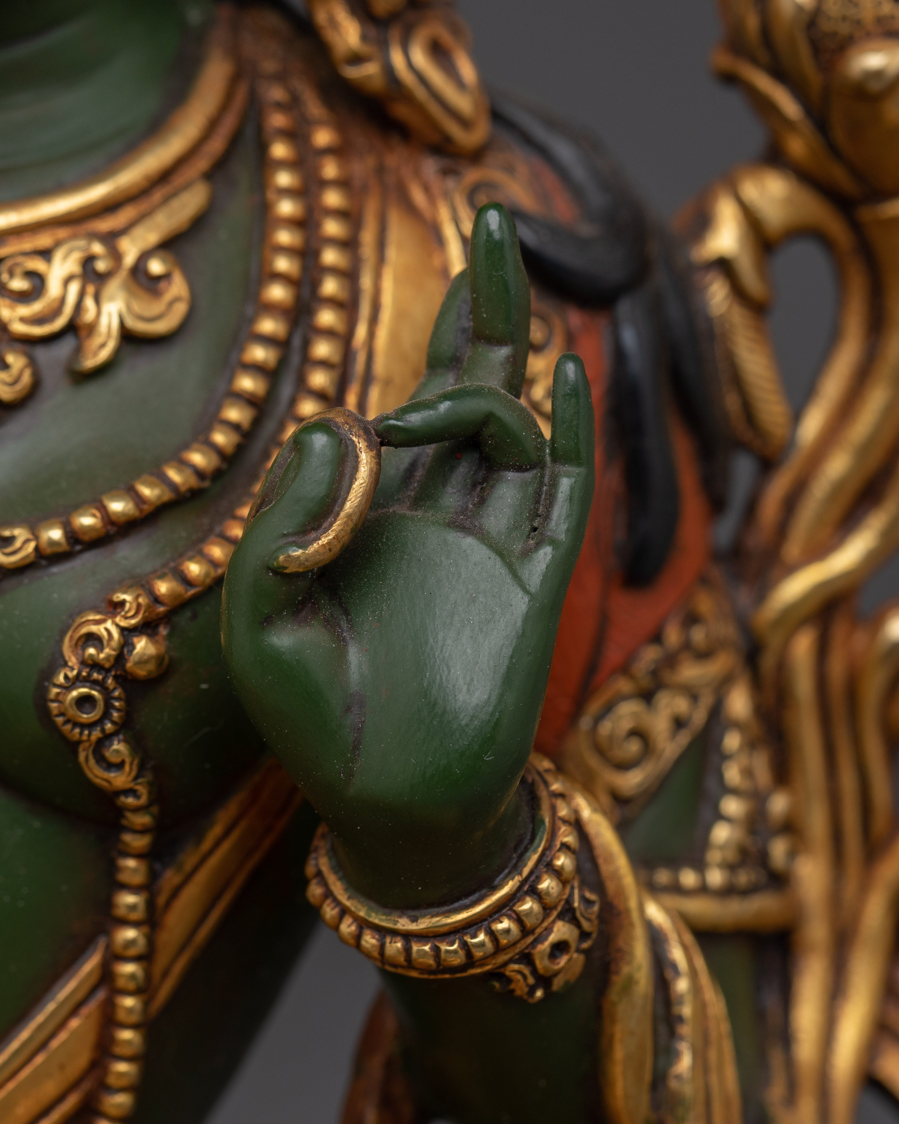 Green Tara 24K Gold Gilded Copper Sculpture | Tibetan Goddess of Compassion for Altar