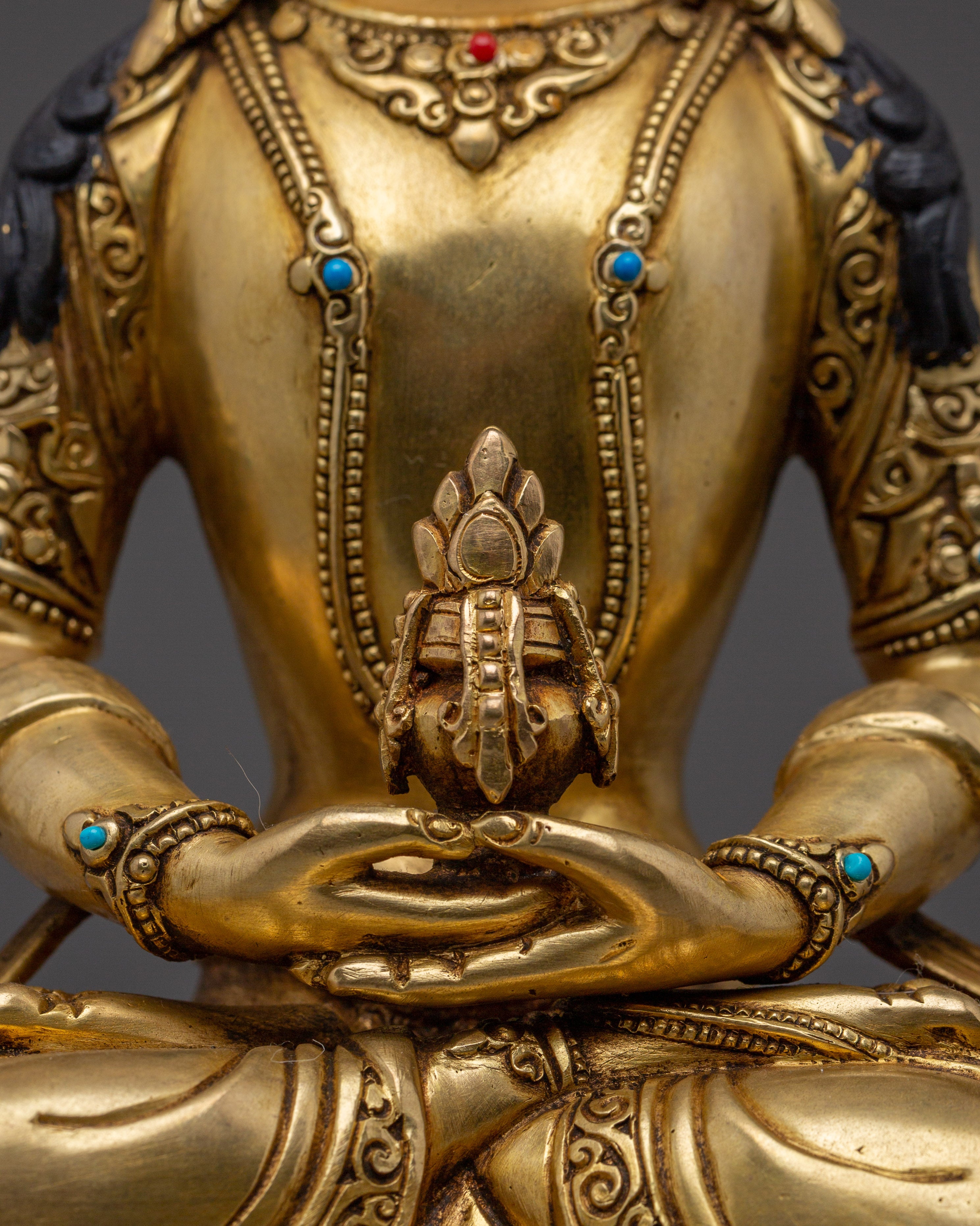 24K Gold Gilded Peaceful Amitayus Sculpture for Shrine | Longevity Deity