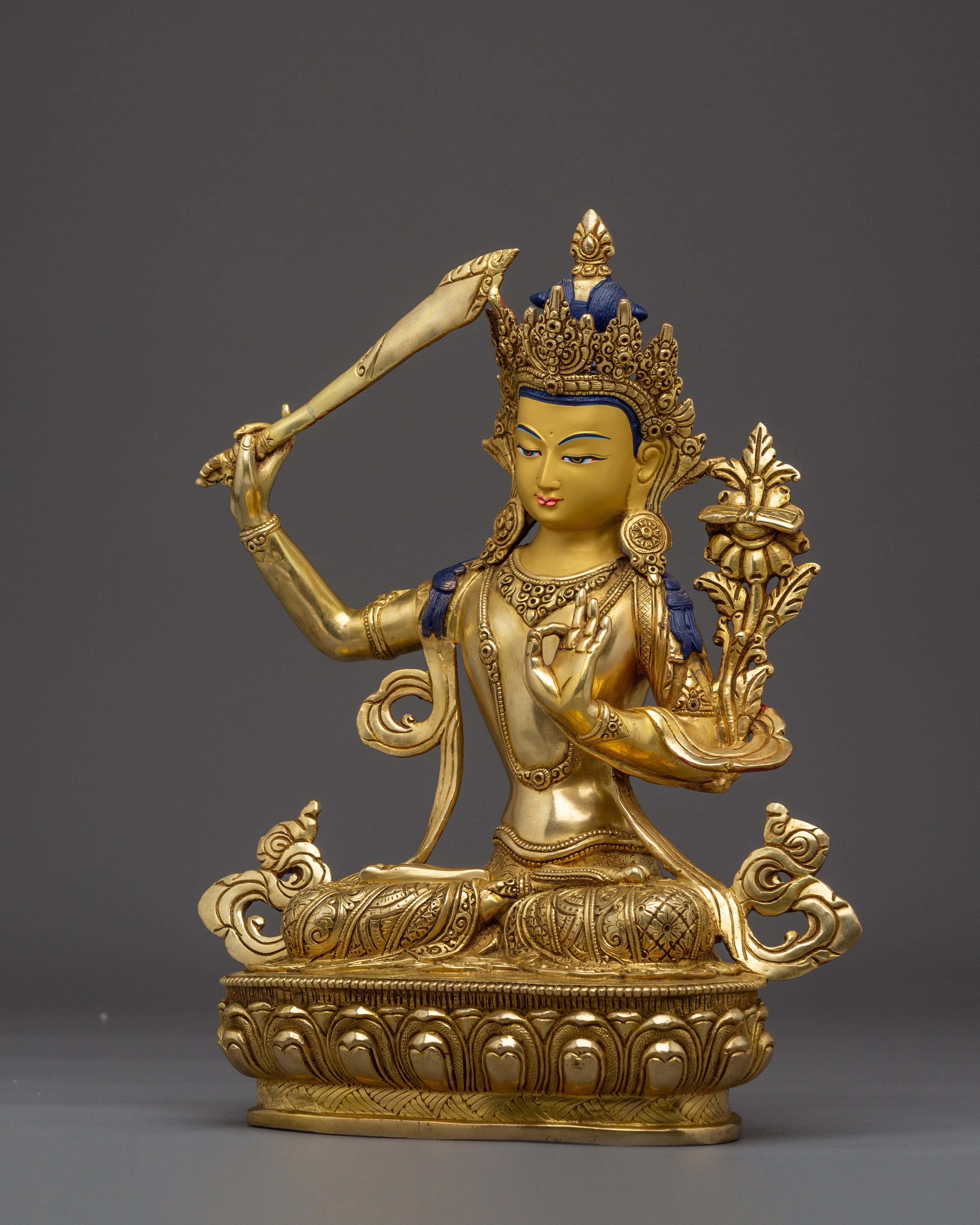 Handcrafted Golden Manjushri Buddhist Copper Statue | Sacred Deity for Meditation Growth