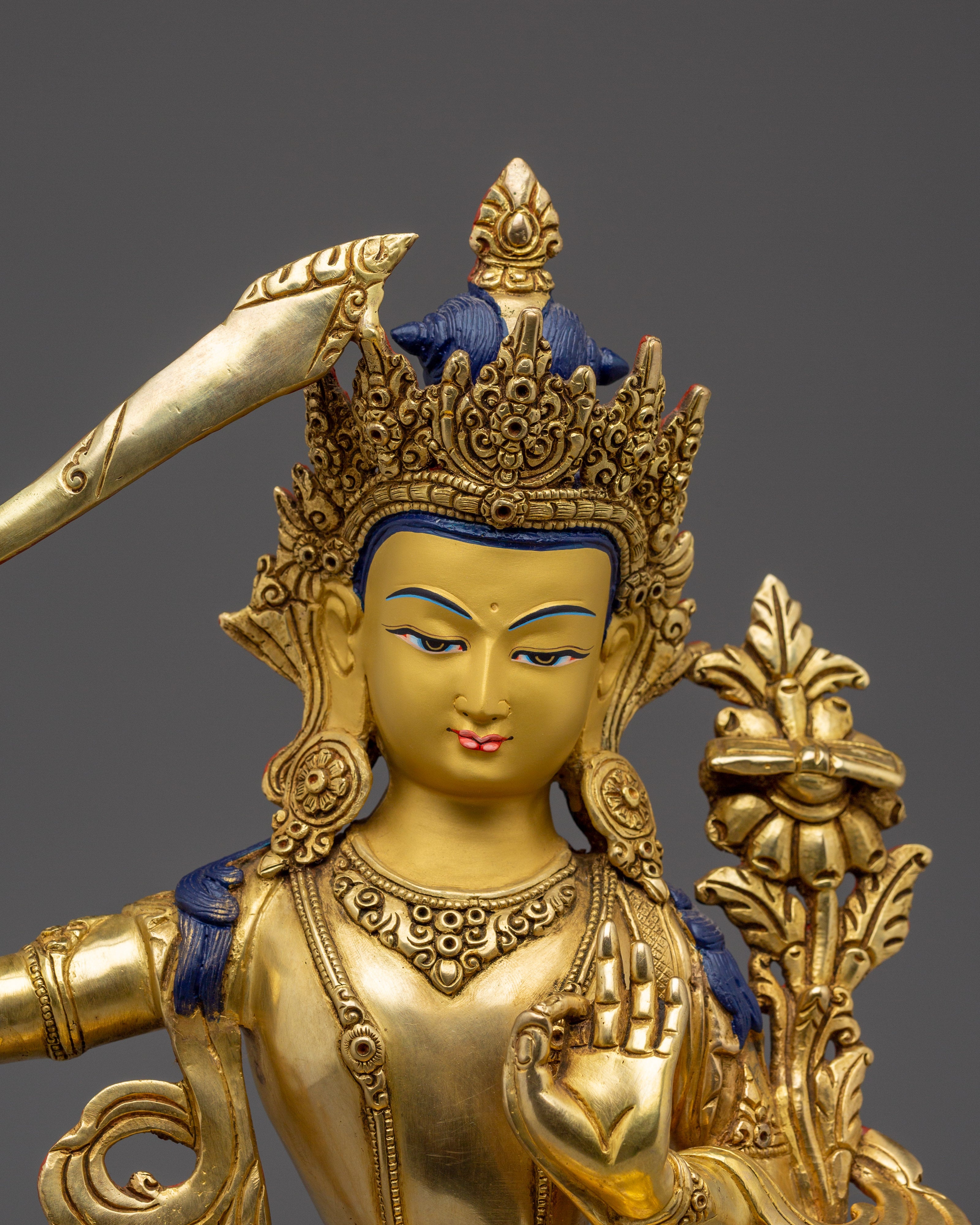 Handcrafted Golden Manjushri Buddhist Copper Statue | Sacred Deity for Meditation Growth