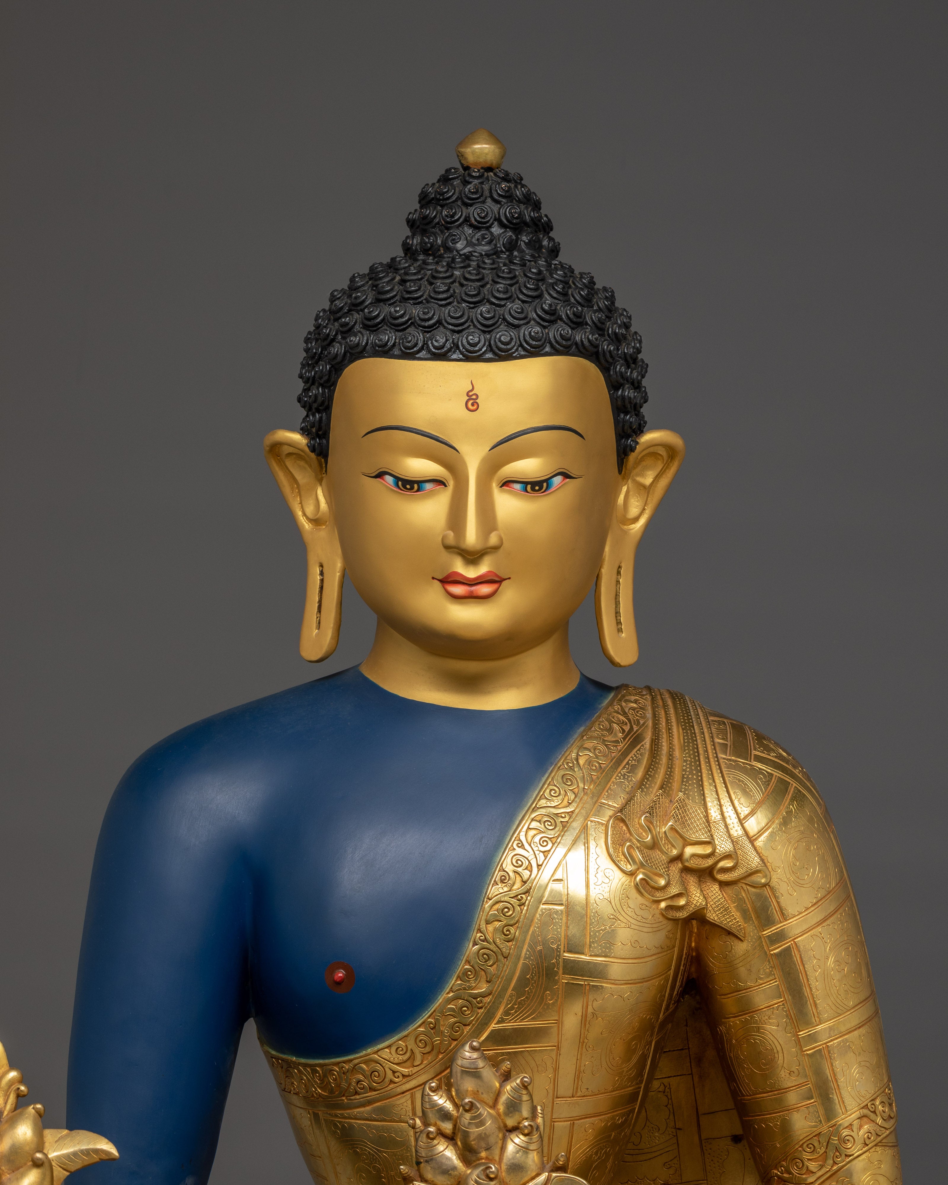 Medicine Buddha Statue in 24K Gold with Gemstones | Healing Buddha for Altar Decor