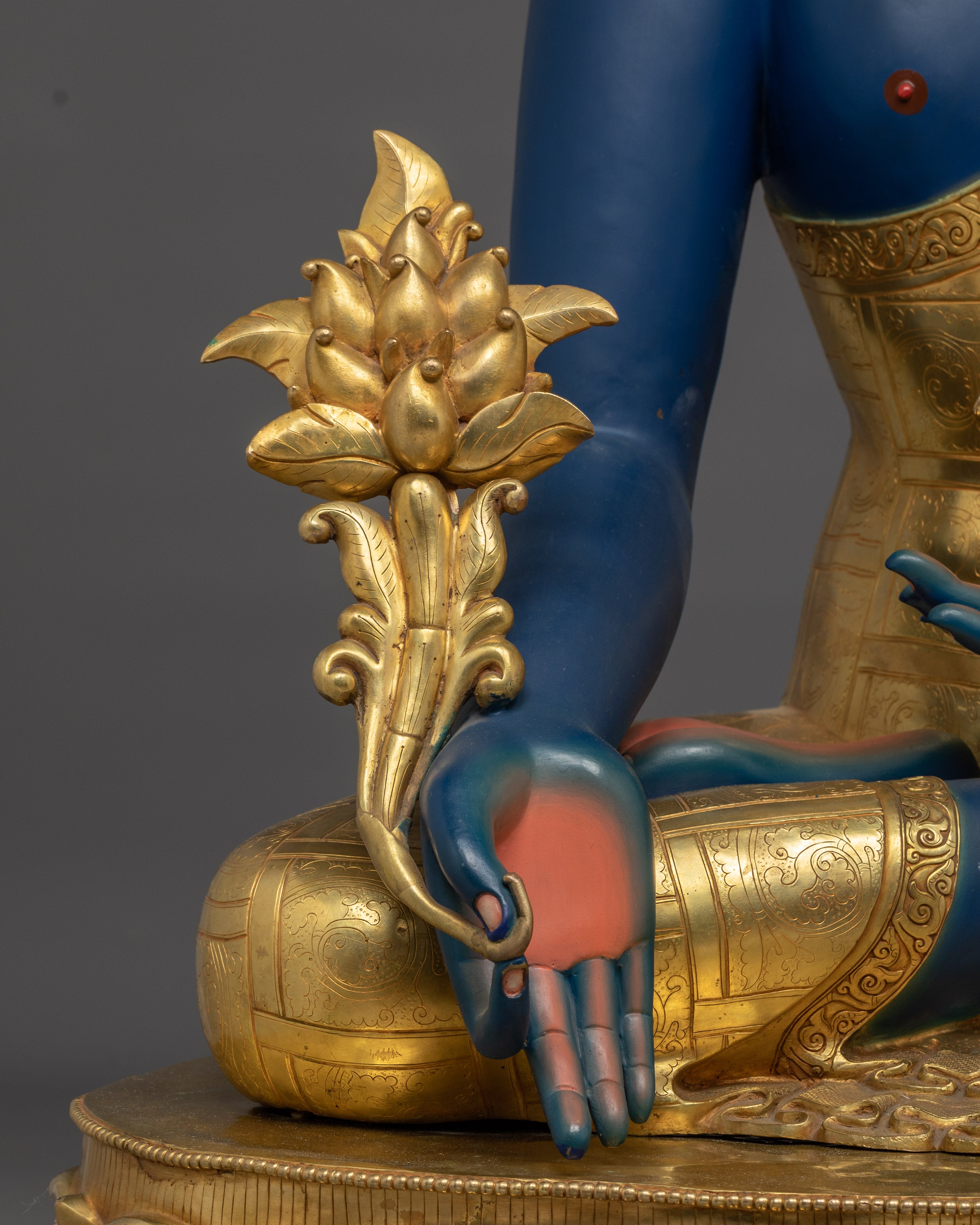 Medicine Buddha Statue in 24K Gold with Gemstones | Healing Buddha for Altar Decor