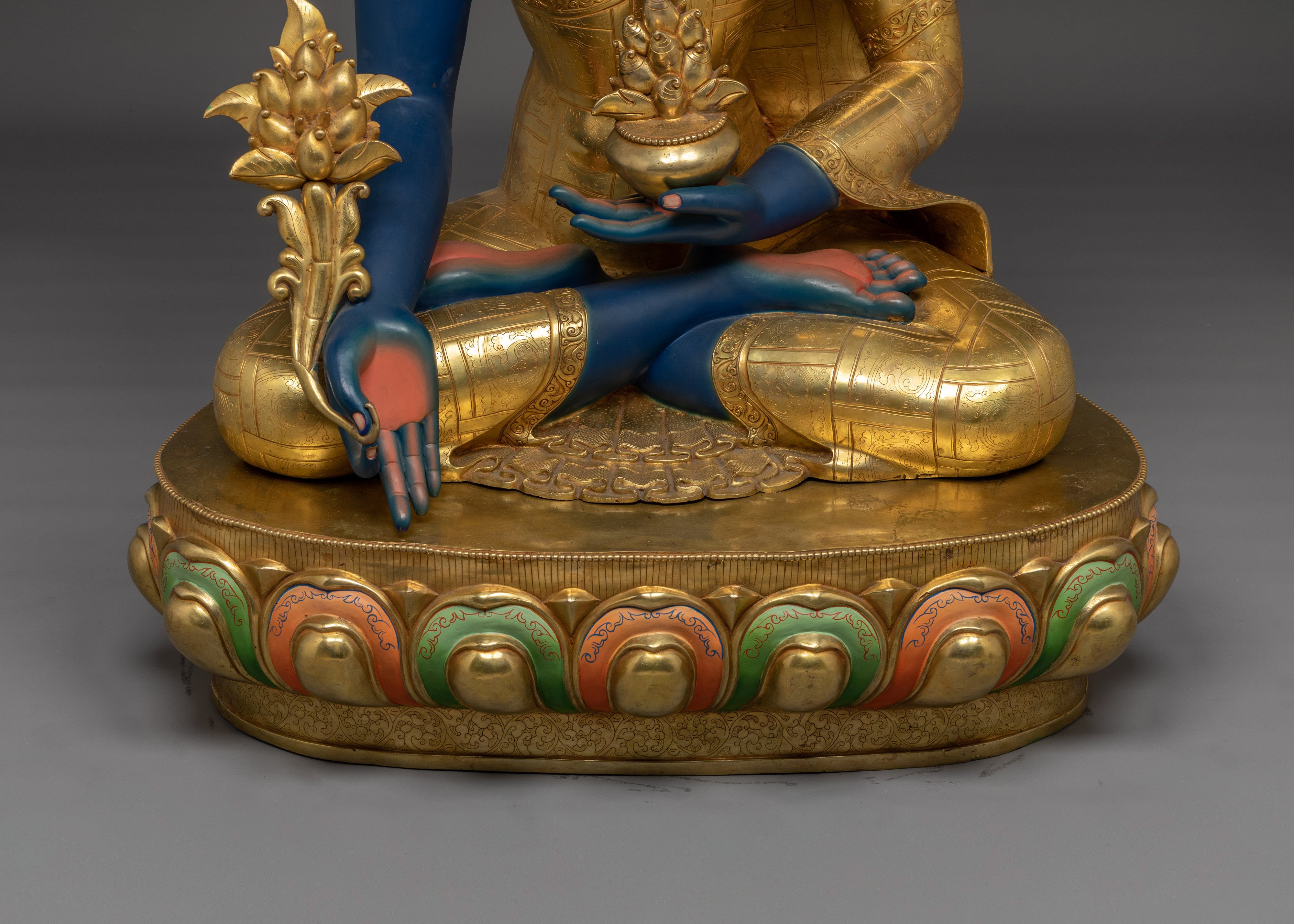 Medicine Buddha Statue in 24K Gold with Gemstones | Healing Buddha for Altar Decor