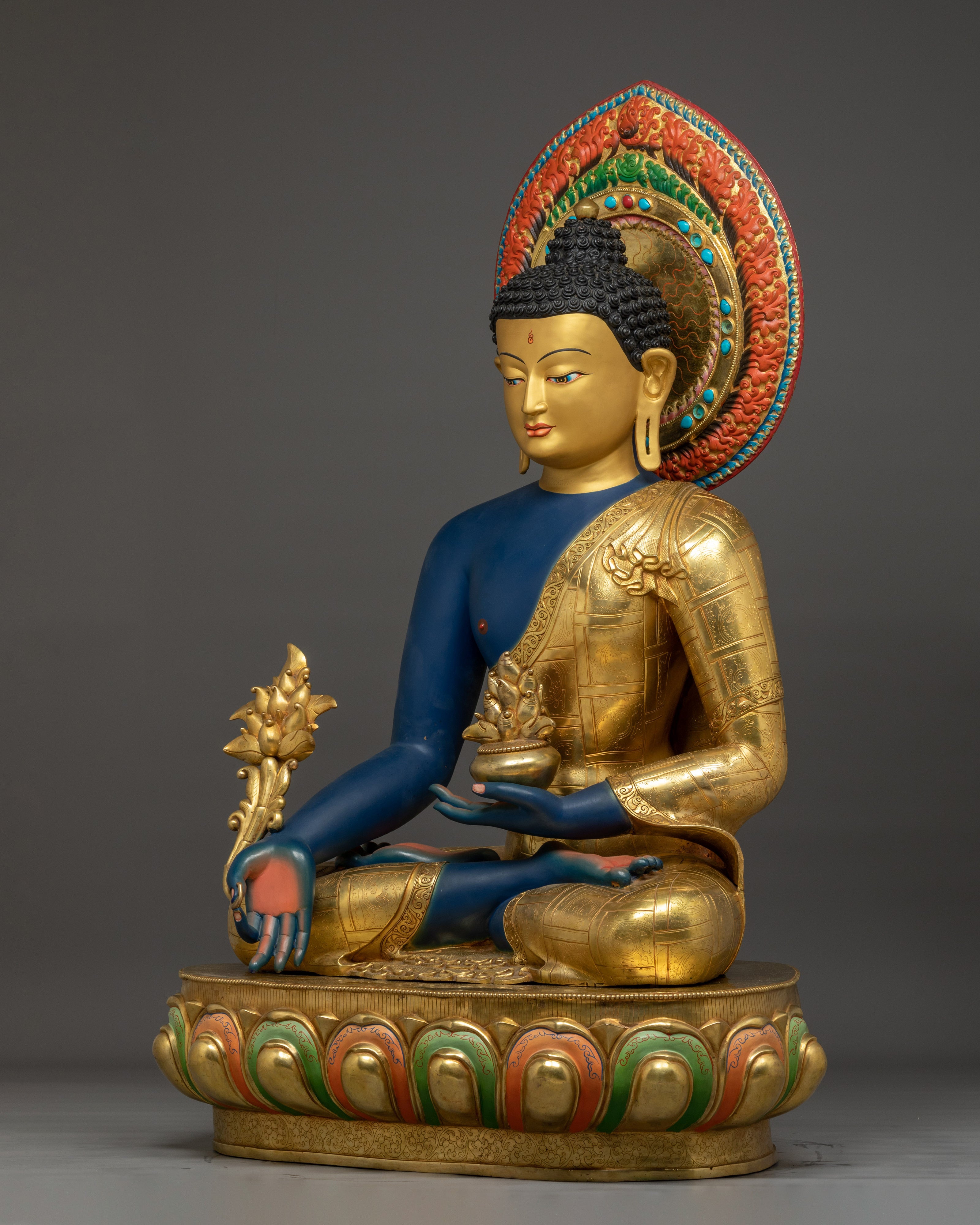 Medicine Buddha Statue in 24K Gold with Gemstones | Healing Buddha for Altar Decor
