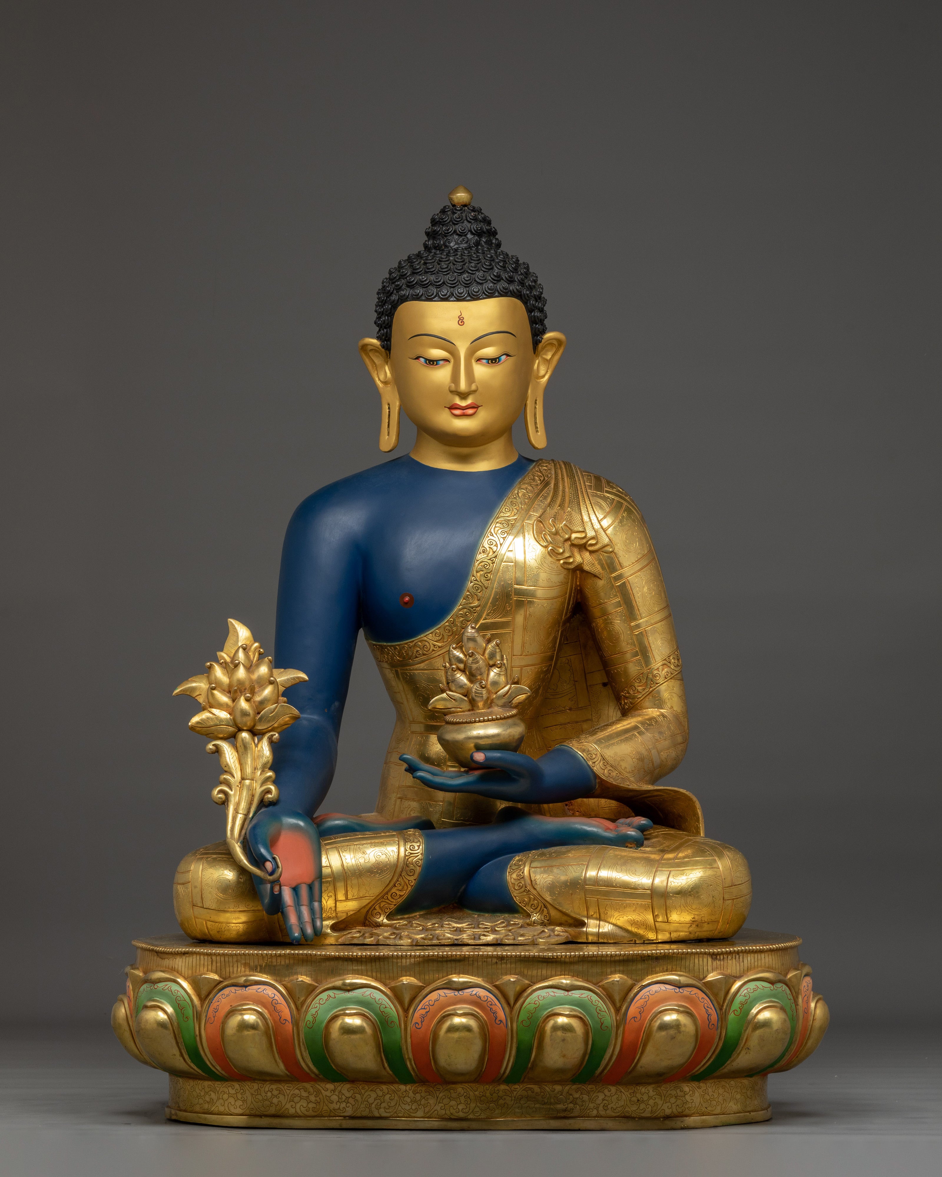 Medicine Buddha Statue in 24K Gold with Gemstones | Healing Buddha for Altar Decor