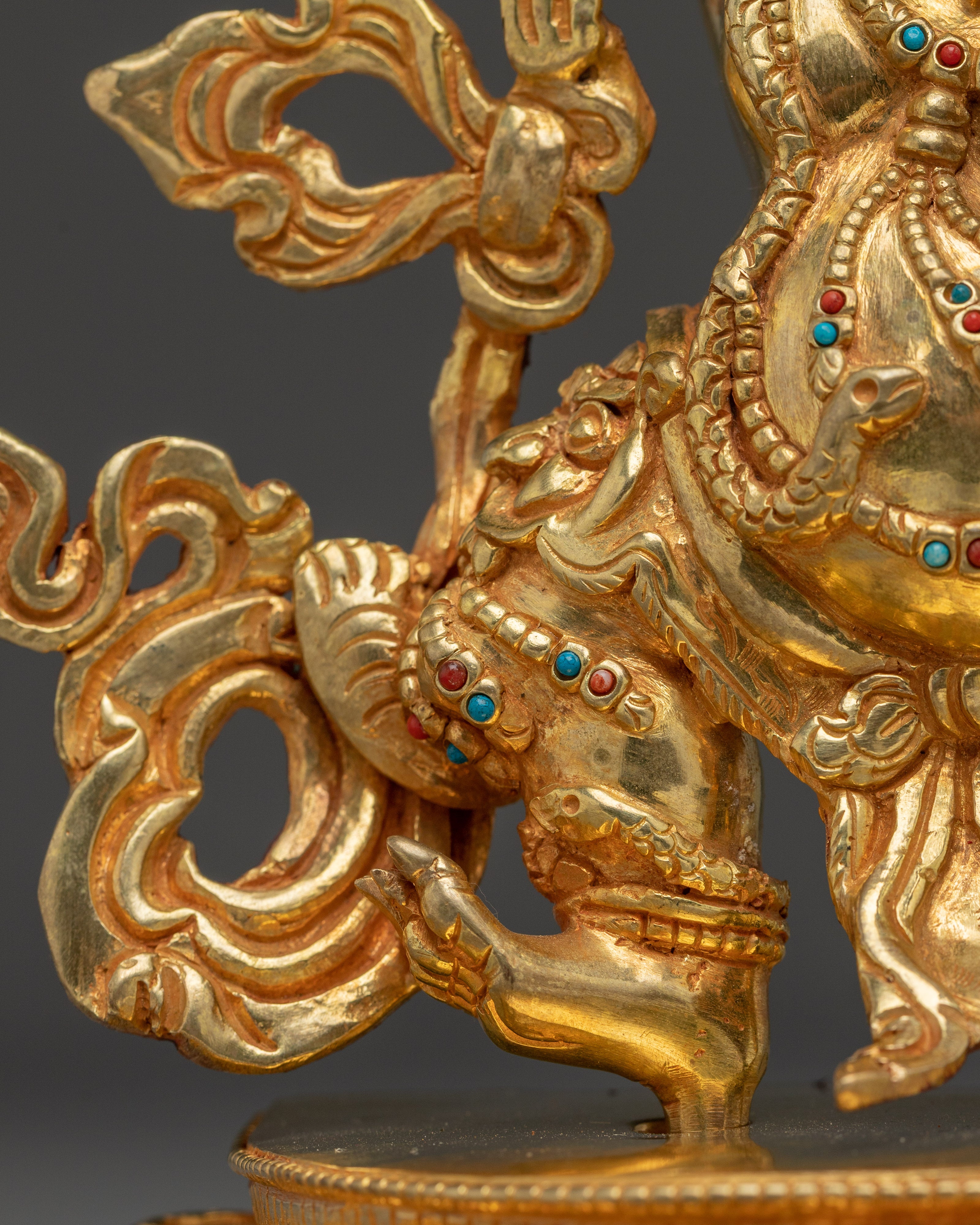 Vajrapani Deity Sculpture with Gemstone Detailing | Gold Gilded Copper Protector Statue