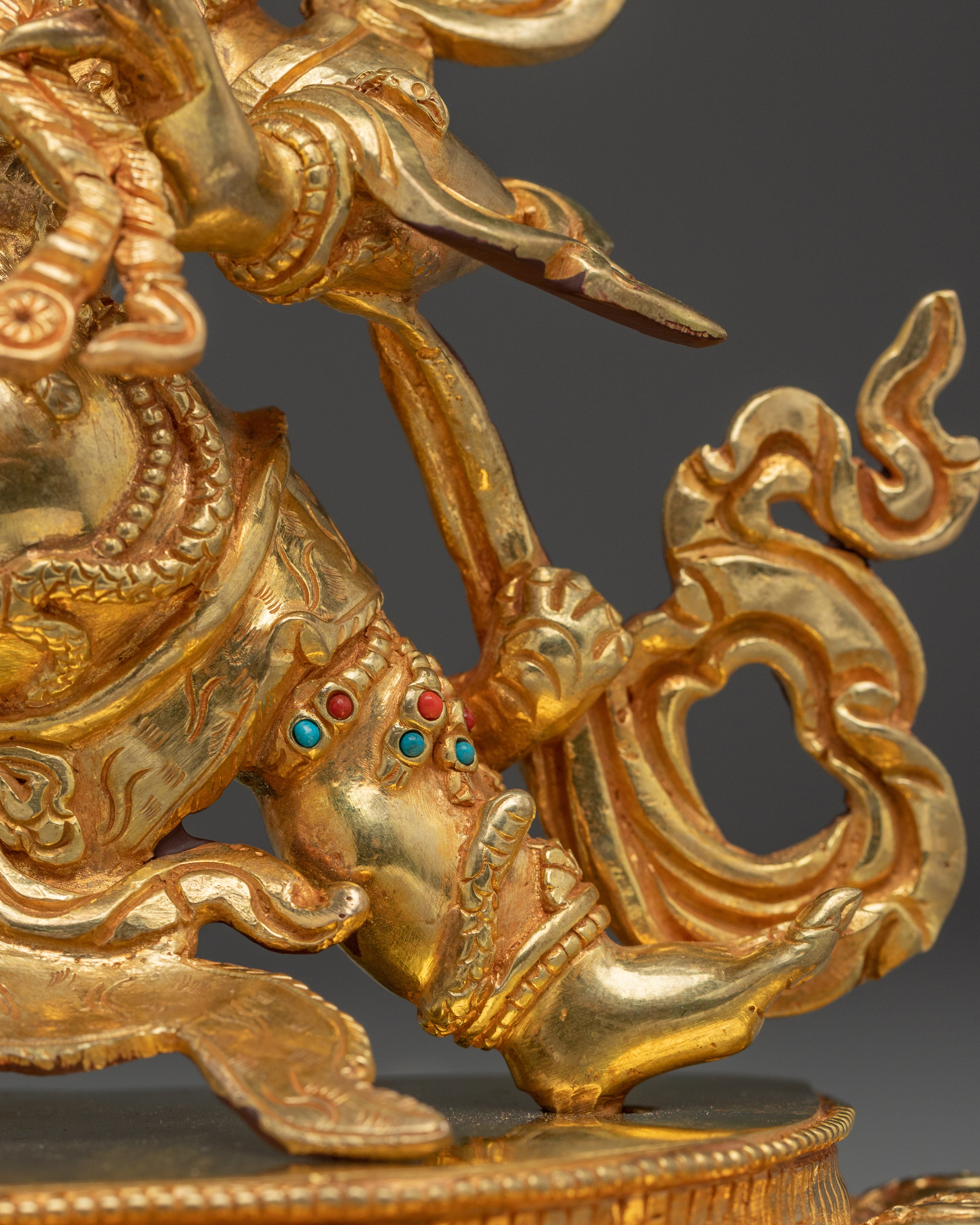 Vajrapani Deity Sculpture with Gemstone Detailing | Gold Gilded Copper Protector Statue