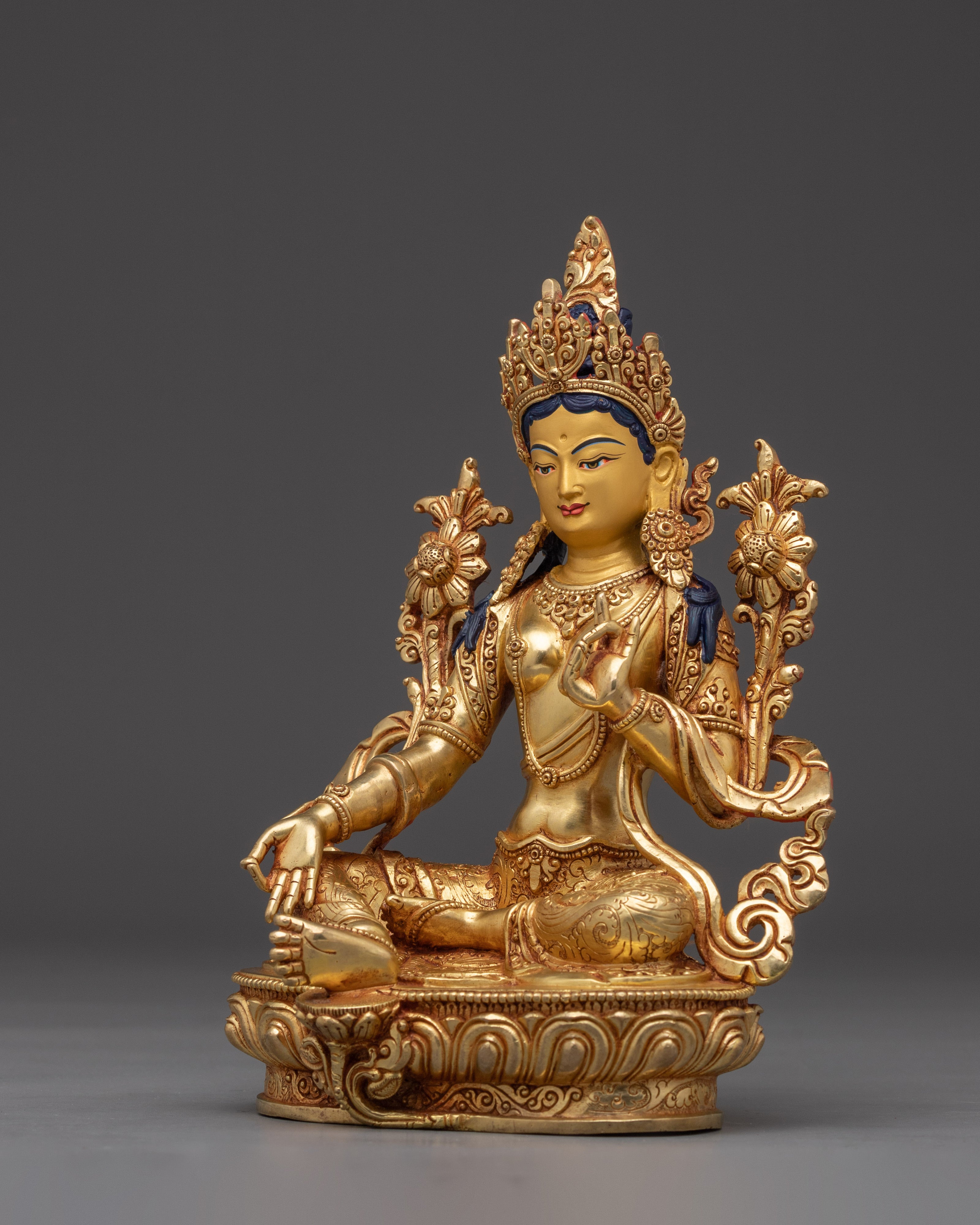 Handcrafted Golden Copper Green Tara Statue | Embodies Compassion and Protection