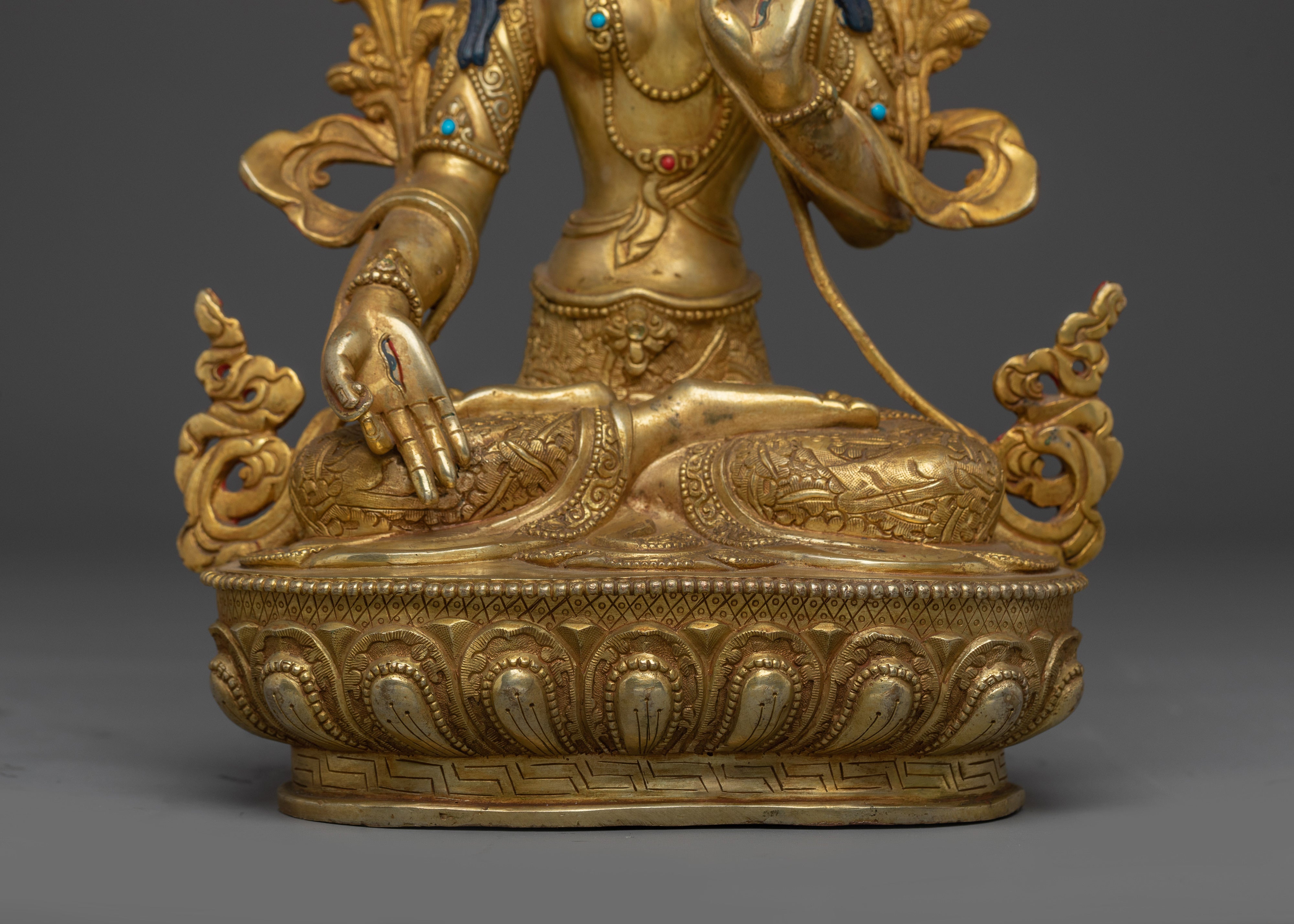 White Tara Deity with Gem-Inlaid Crown | Gold Gilded Copper Sculpture of Healing