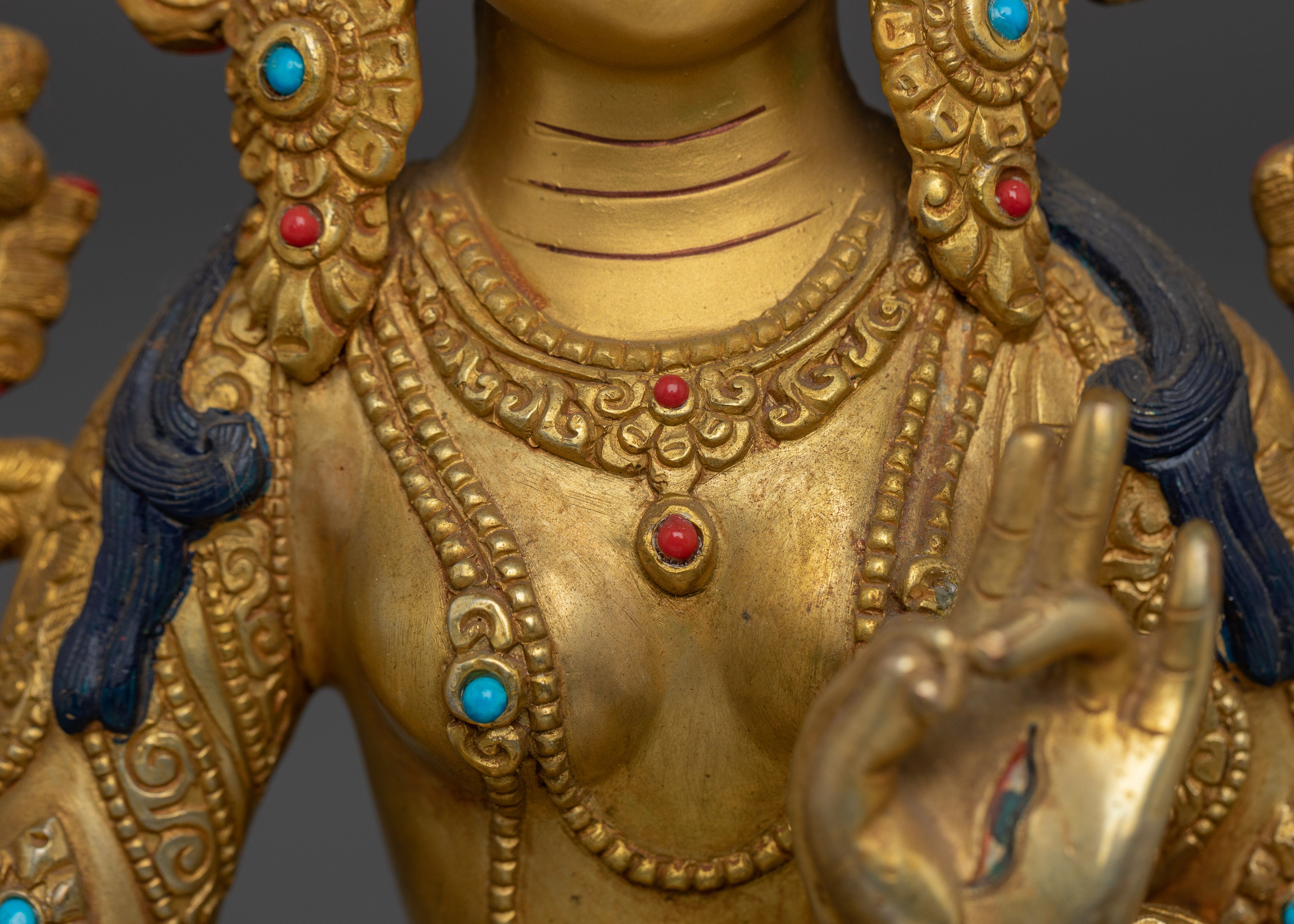 White Tara Deity with Gem-Inlaid Crown | Gold Gilded Copper Sculpture of Healing